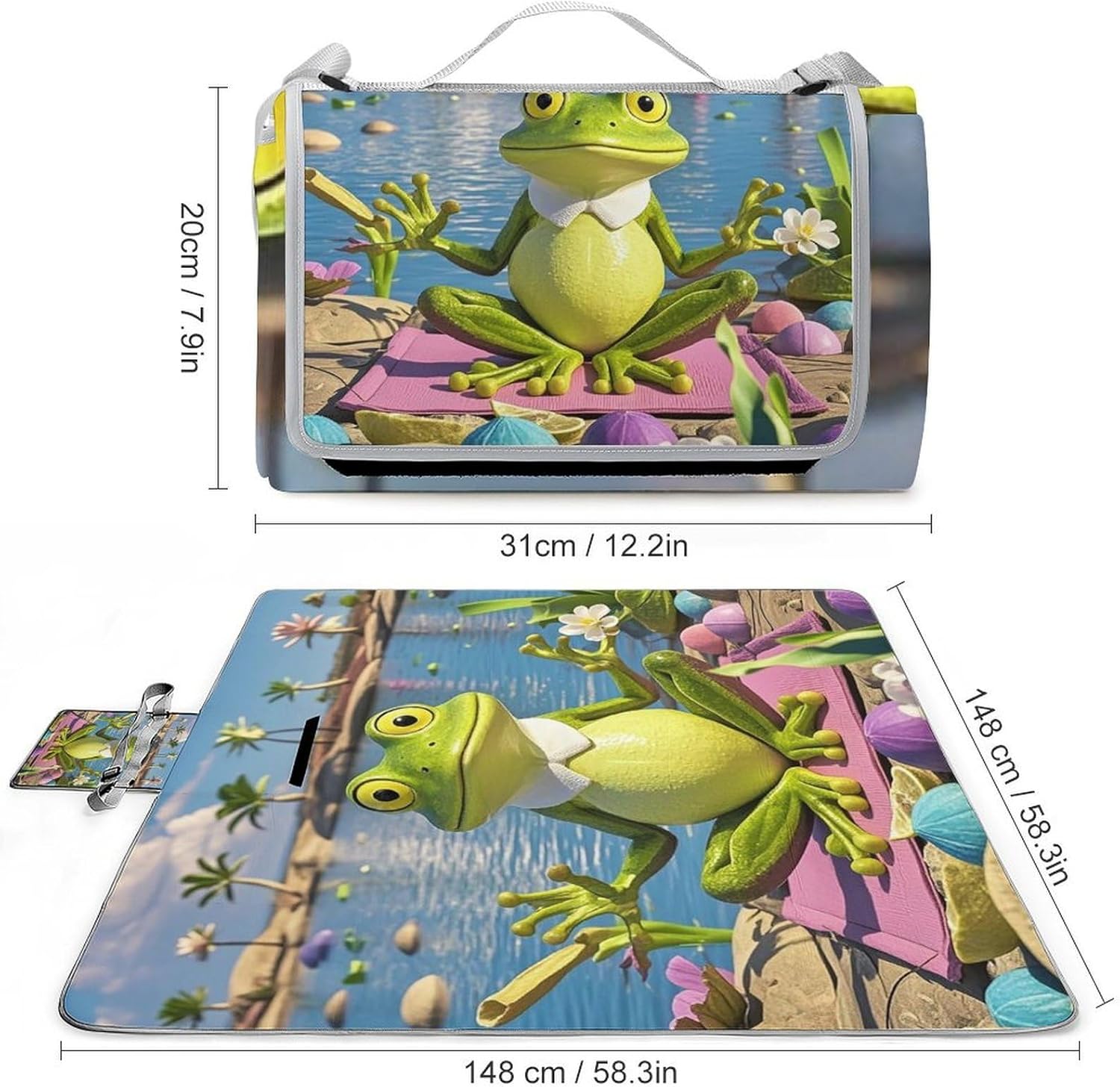 Funny Yoga Frog Beach Blanket Thickened Foldable Camping Mats Soft Lightweight Beach Pad Square Picnic Blankets with Shoulder Strap for Park Grass Patio Hiking