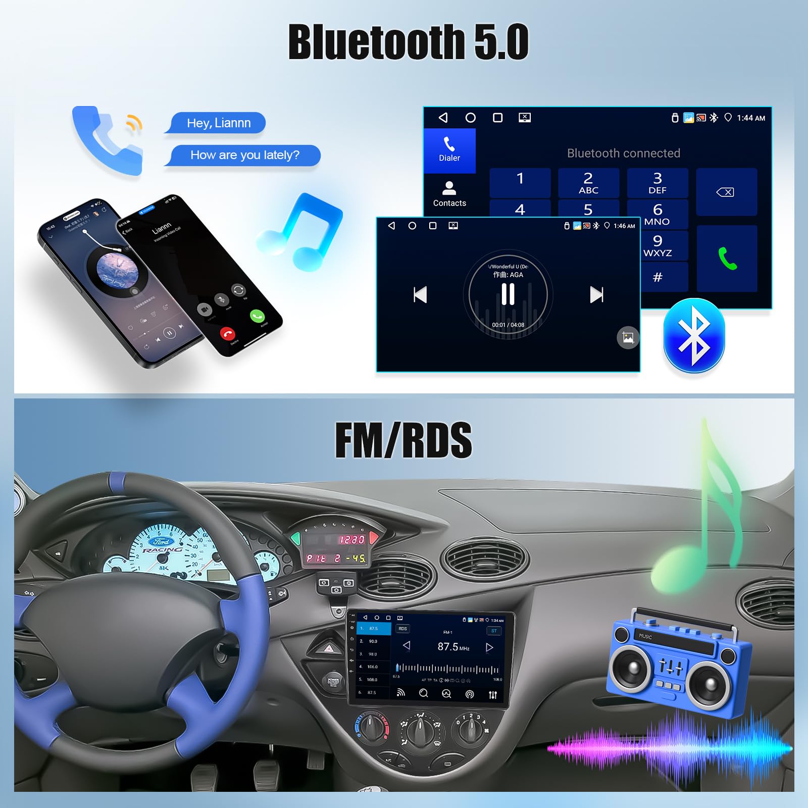 OiLiehu 4+64GB Android 13 2 DIN Carplay Android Auto Autoradio para Ford Focus MK1 C170 1998-2005 Pantalla Radio Coche 9 Pulgadas Mirror Link Bluetooth FM/RDS GPS WiFi SWC EQ Camara Marcha Atras