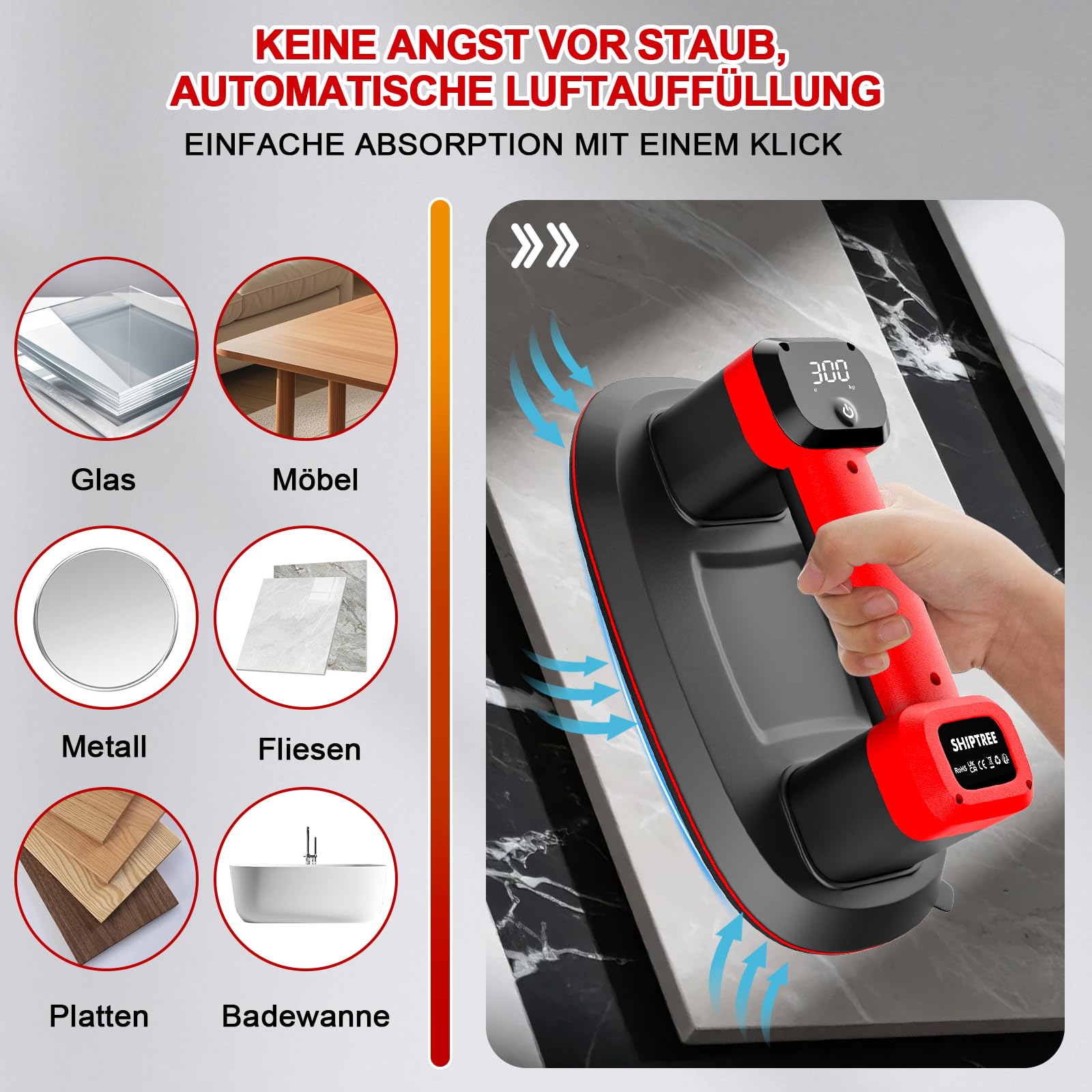 Akku Saugheber 300 KG, Upgrade Saugheber mit 5000 mAh Akku, Auto Nachsaugfunktion,Doppelmotor für Starke Saugleistung, LCD Anzeige, für Fliesen, Glas, Holzplatten, Marmor & Möbel