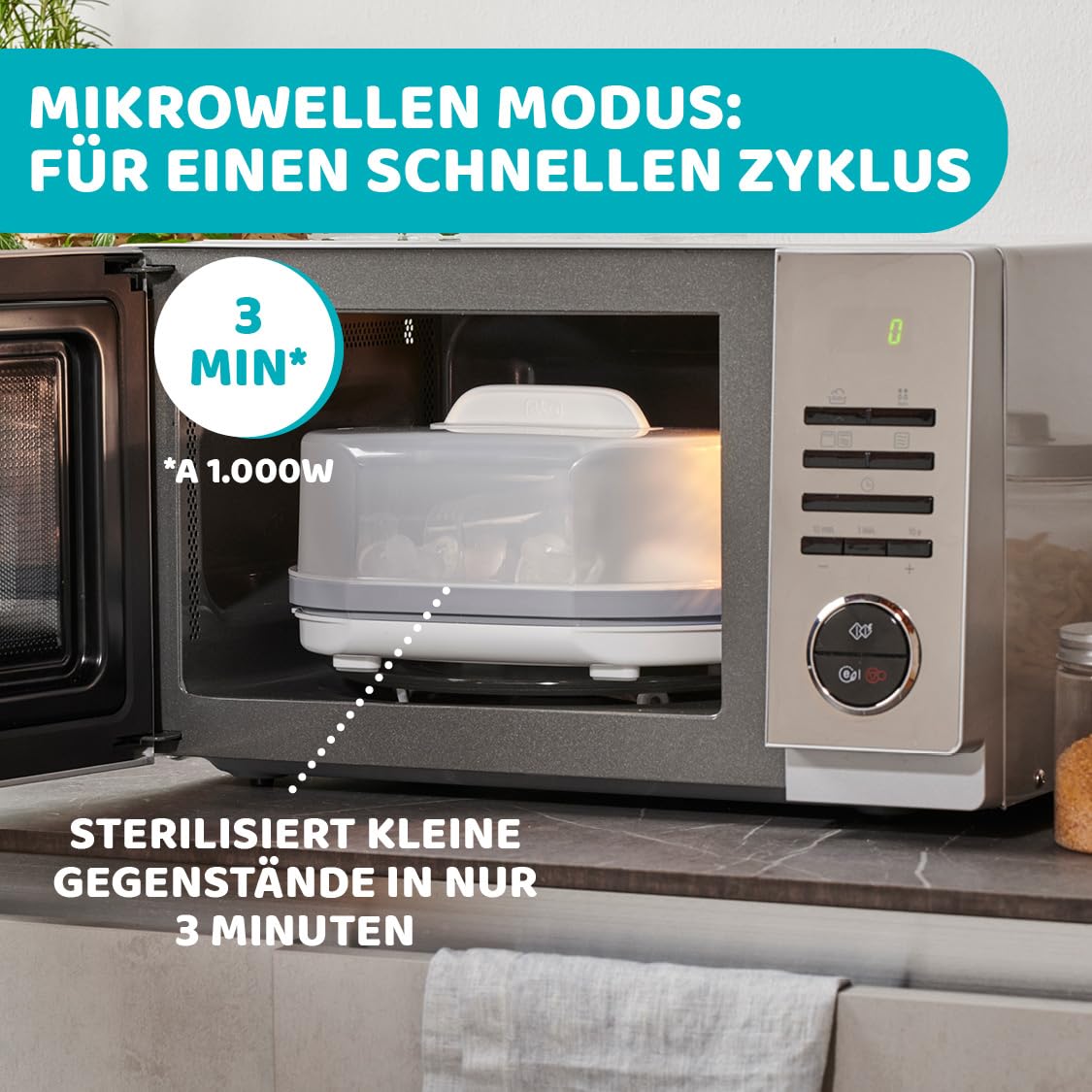 Chicco Modularer Dampfsterilisator 3 in 1, Babyflaschen-Sterilisator, Einstellbarer Dampfsterilisator für Babyflaschen, für Mikrowelle, mit 3 Konfigurationen, Schnelle und Einfache Anwendung