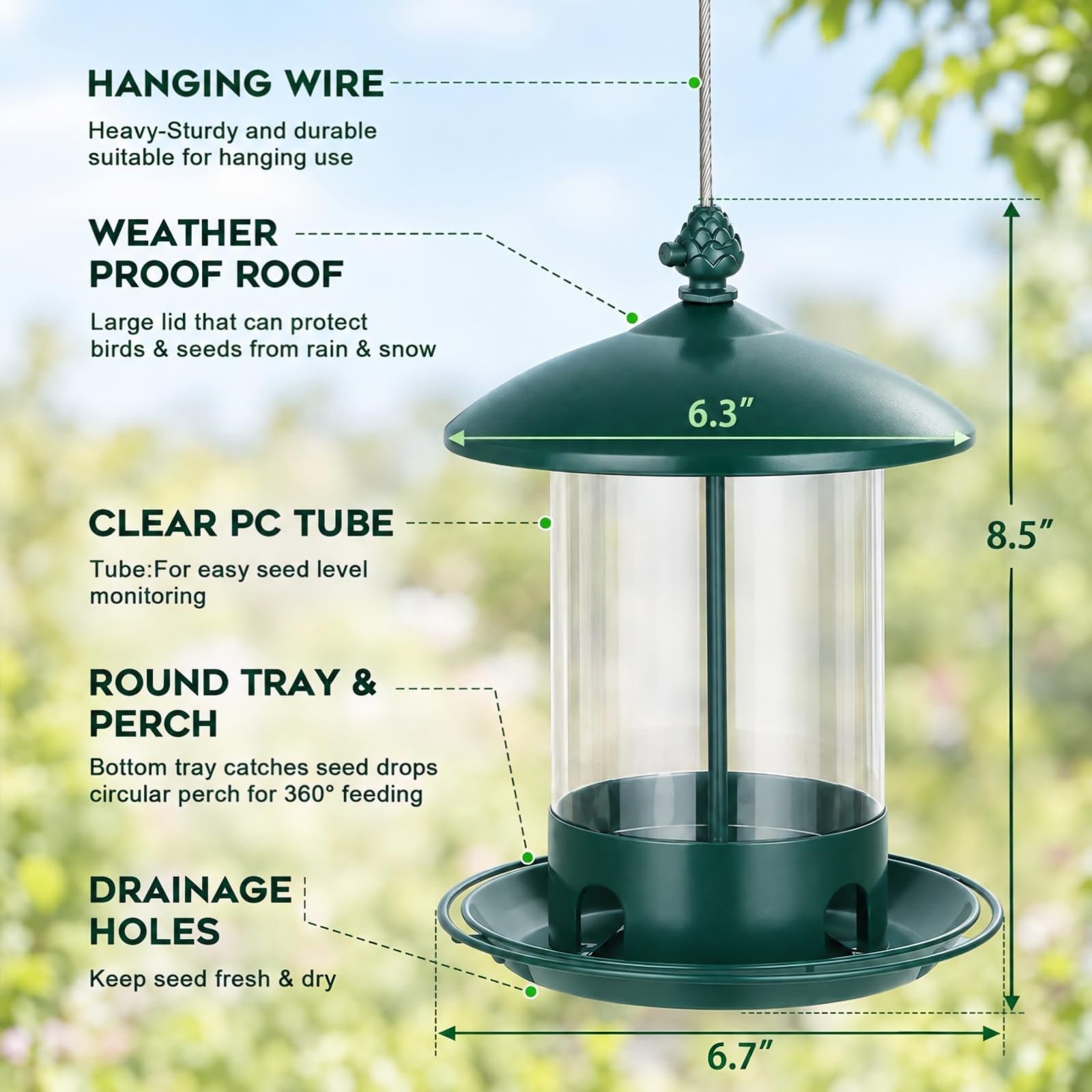 Vogelfutterspender aus Metall, zum Aufhängen im Freien, wetterbeständig, mit 360-Grad-Futterschale, Grün, 2 Stück