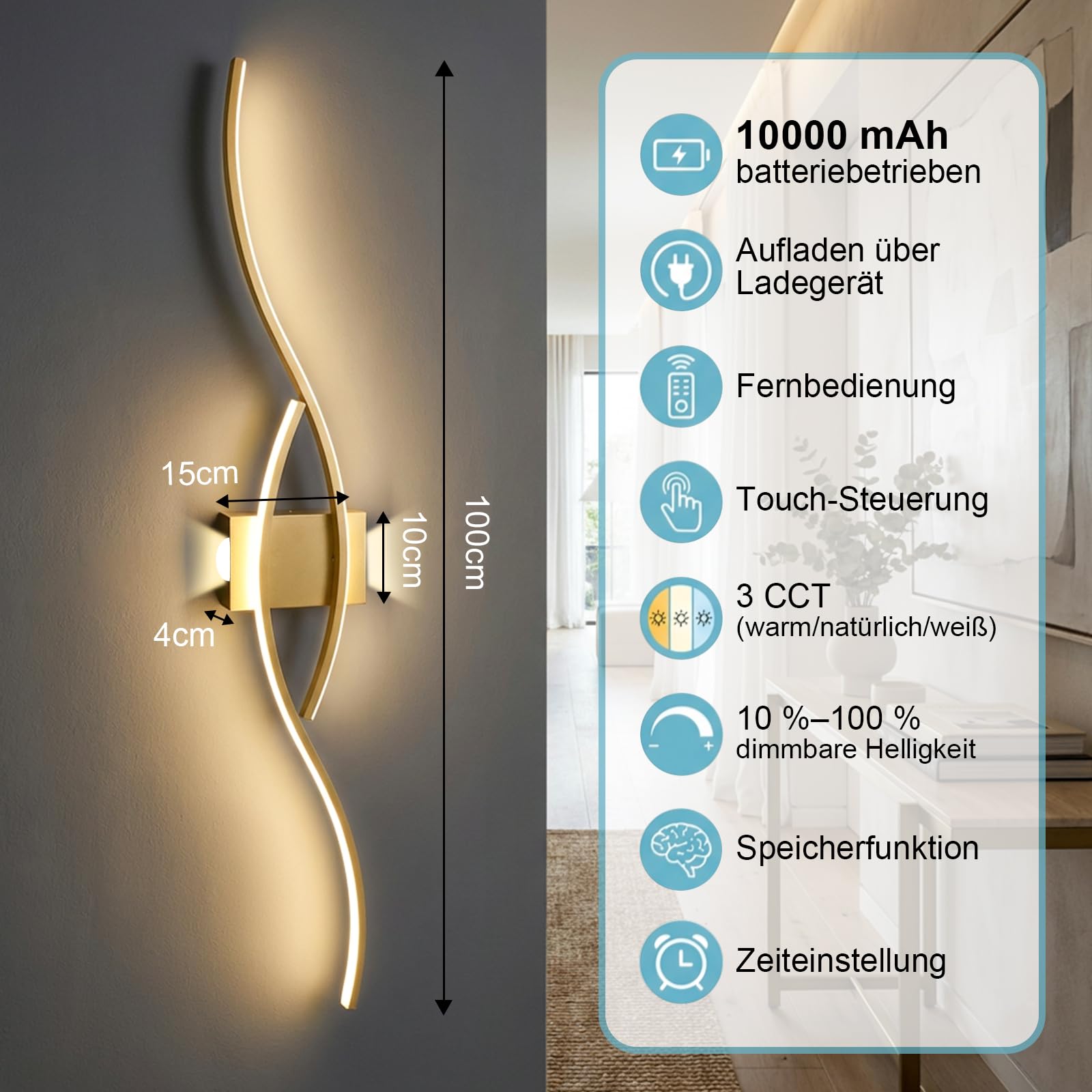 2 Stück LED Wandleuchte Innen mit Akku und Fernbedienung, Modern Wandlampe mit Dimmbar&Timing-Funktionen, Kabellose Wandleuchte für Wohnzimmer Schlafzimmer Flur Treppen