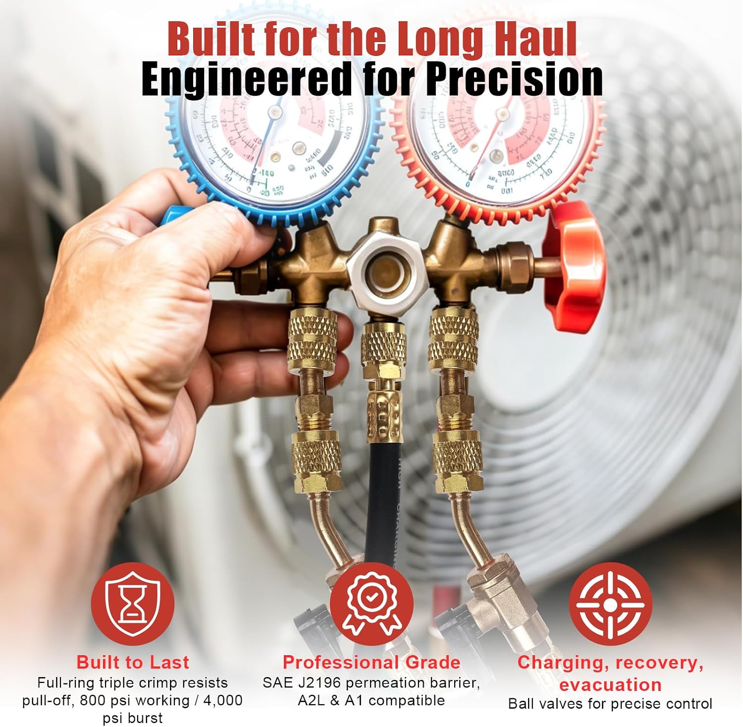 1/4" A2L Ball Valve Refrigerant Hose Set - 6FT Heavy Duty HVAC Hoses - 45° & 180° Left-Hand Adapters + Triple Crimp - Tri-Color Coded for R-1234yf R-32 R-454B R-410A R-134A (3 Pcs)