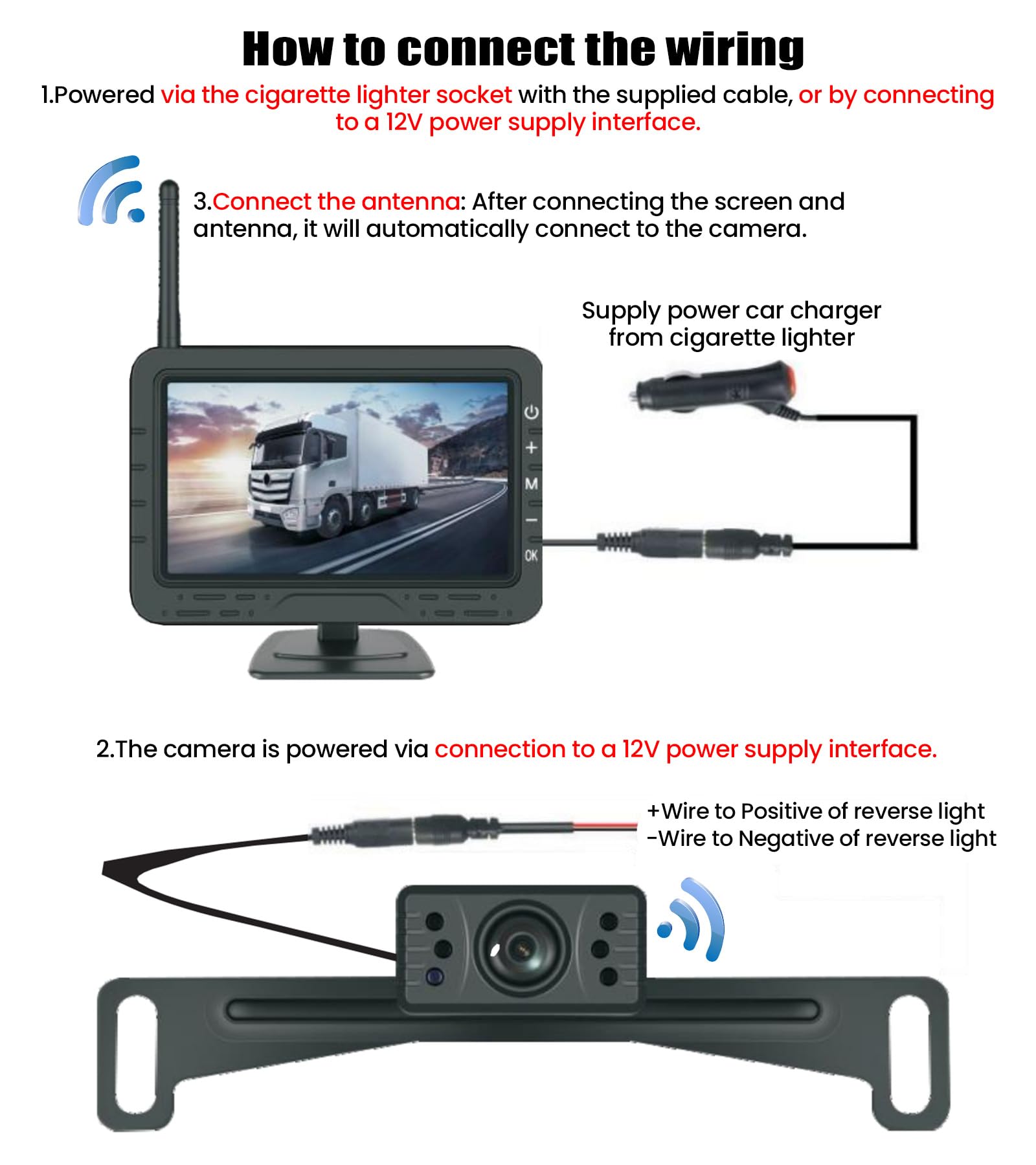 CAMECHO 4.3 Pouces sans Fil Camera de recul avec Moniteur & IP68 étanche, Vision de Nuit caméra de recul DIY Aide à la Marche arrière & Image Flip pour Voiture/Véhicule/Camion/Van/Caravane SUV-12V