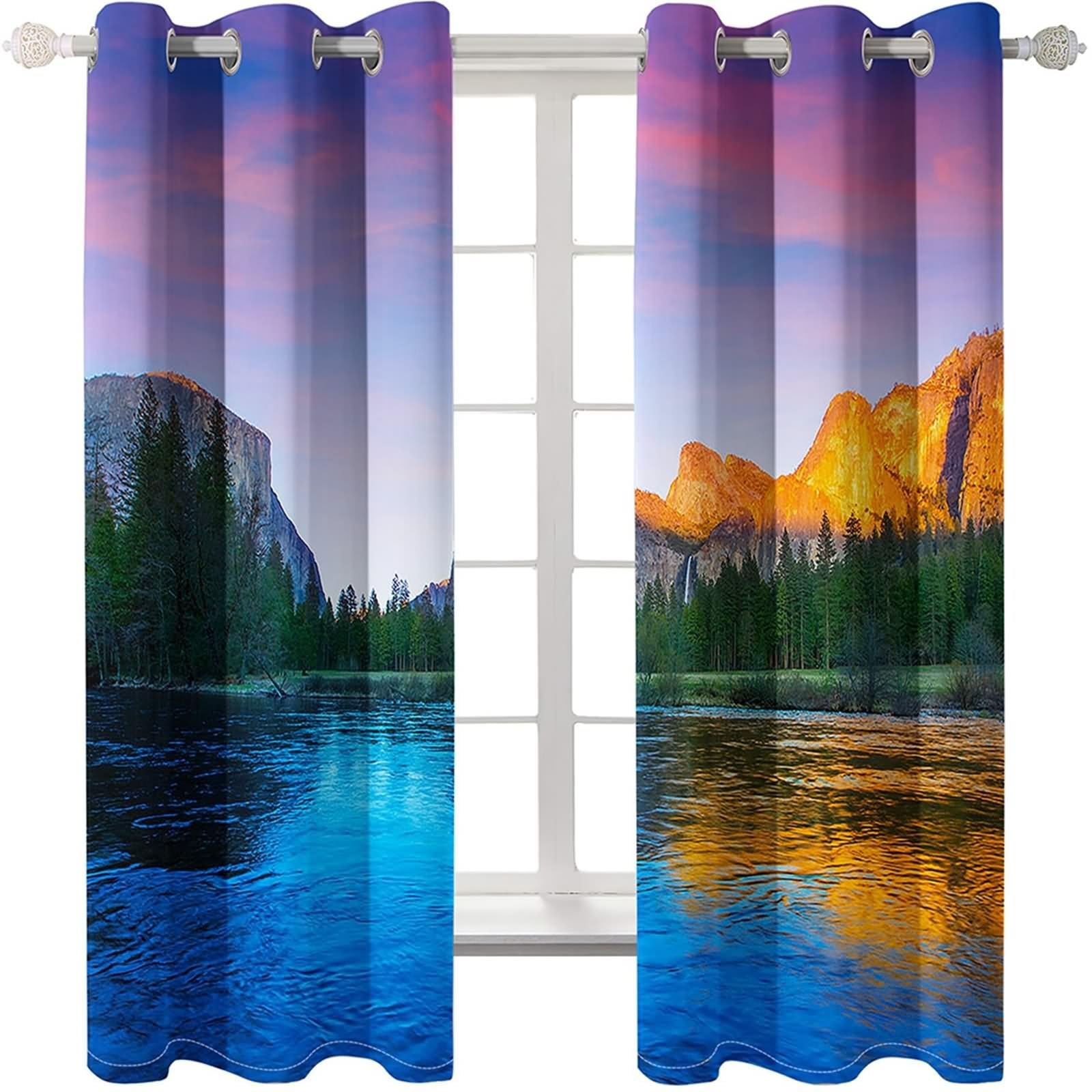 Scheibengardinen 2er Set Modern, Vorhänge Boho Bunt Sonnenuntergang Berge und See Polyester 304x244cm