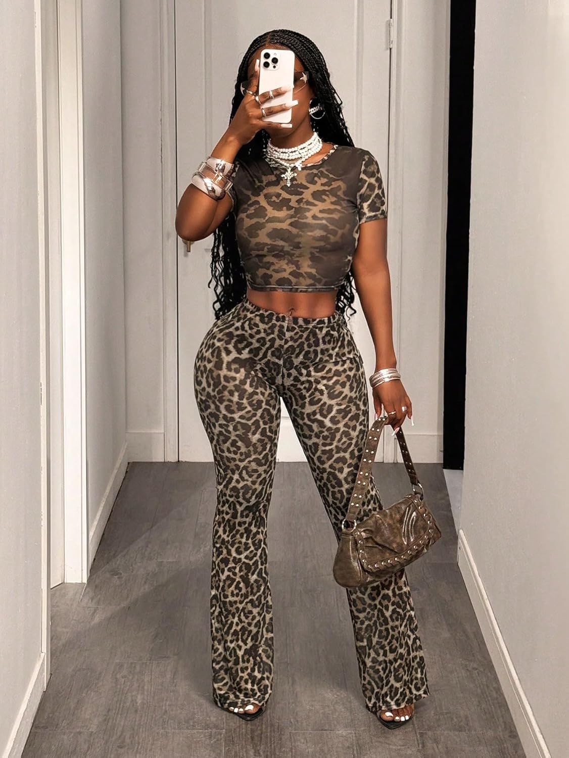 Womens Sexy Cheetah Print Outfit Sleeveless Mesh See Through Bodycon Leopard Print 2 Piece Set Y2K Club Tracksuit - Image 2