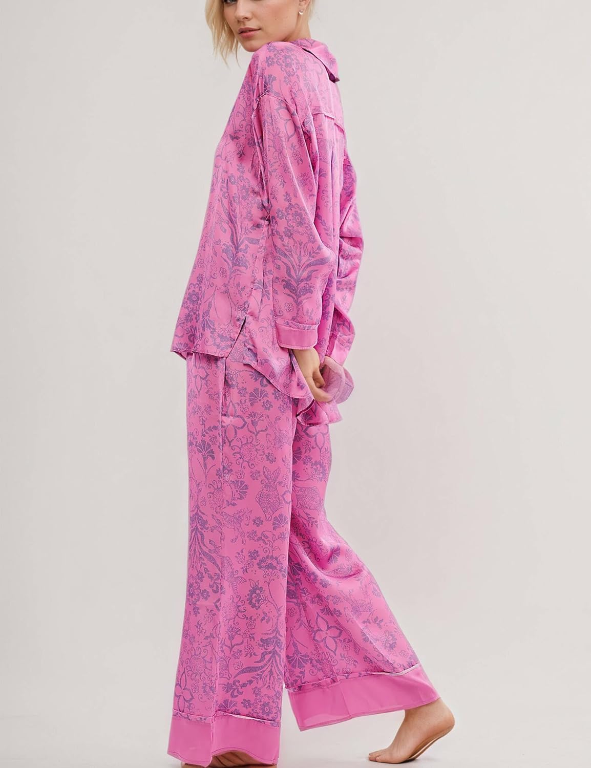 Women's 2-Piece Satin Pajama Set Floral Silk Sleepwear Set Soft Printed Oversized Pajama Lightweight Breathable Pjs - Image 2