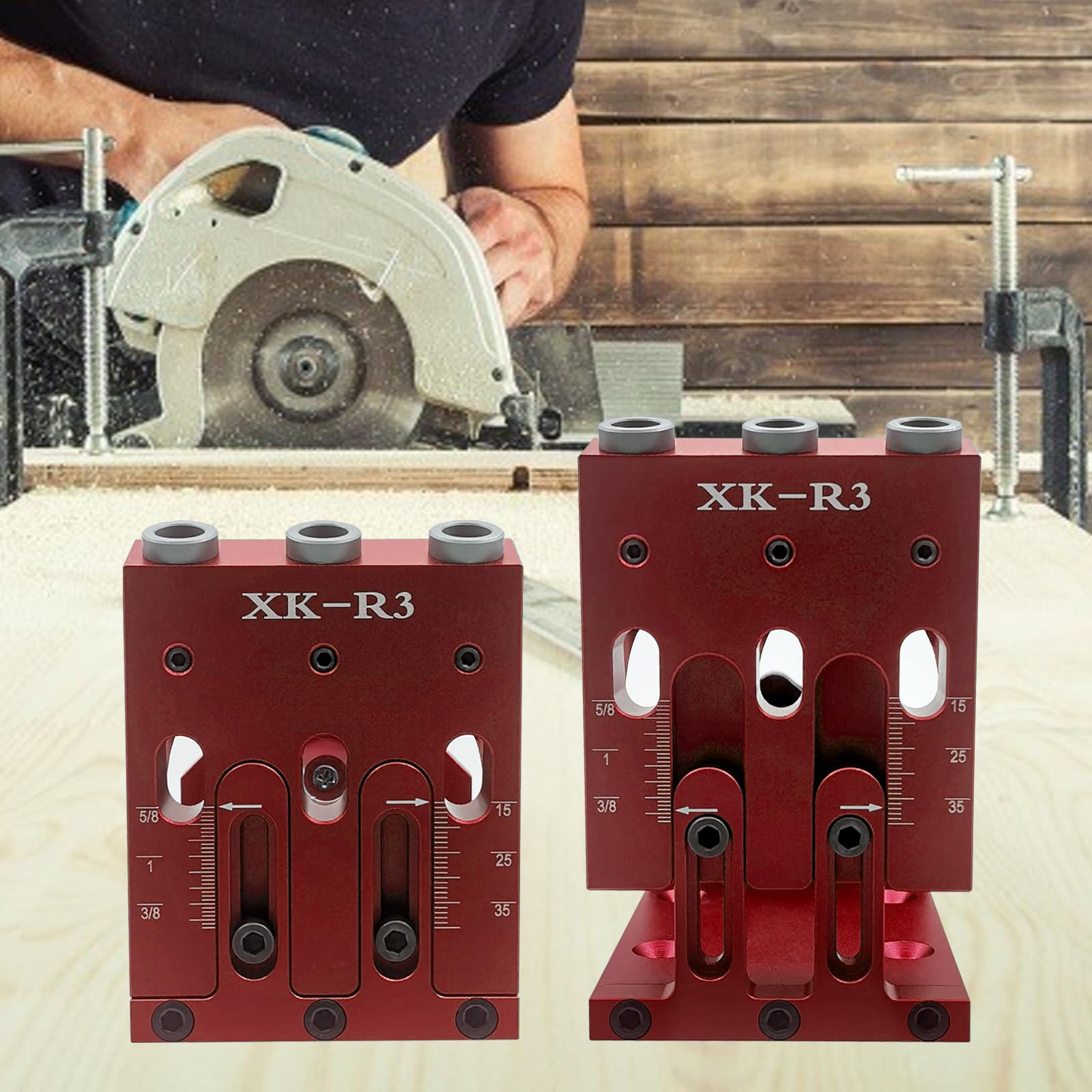 Kit per fori tascabili, regolabile, con tre guide di perforazione per fori ad angolo di 15°, efficiente sistema di posizionamento per falegnami, giunti e professionisti della carpenteria (rosso)