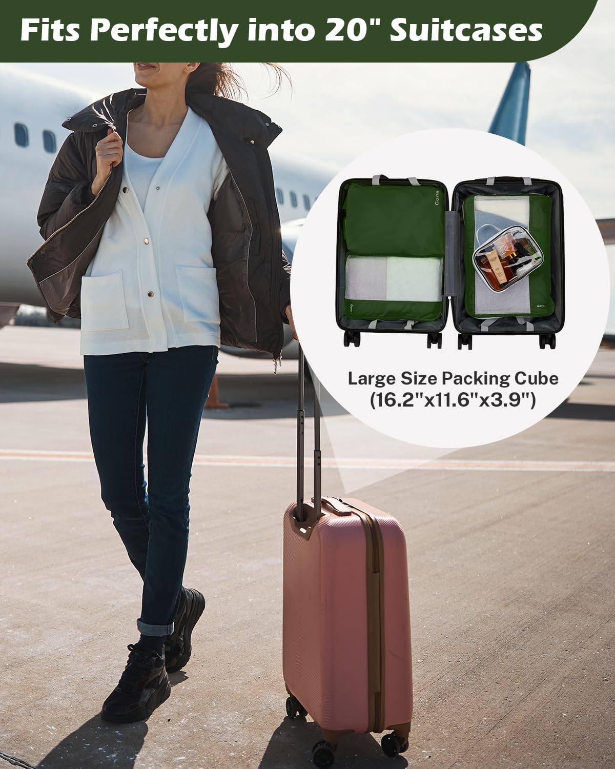 Gonex 8 Set Compression Packing Cubes for Travel, Expandable Mesh Packing Organizer for Travel Accessories Essentials with Toiletry Bag, Laundry Bag, Shoe Bag, Cable Bag for Carry On, Deep Green - Image 2