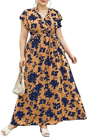 MakeMeChic Women's Plus Size Casual Boho Floral Short Sleeve High Waist A Line Swing Maxi Flomal Dress