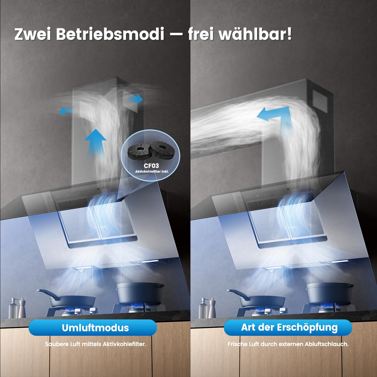 COMFEE' A++ Dunstabzugshaube 90 cm 867m³/h Kopffrei Wandhaube Umluft Abluft Touchscreen Gestensteuerung 4 Geschwindigkeiten 68dB LED ANGJ72B-90PRO-EU