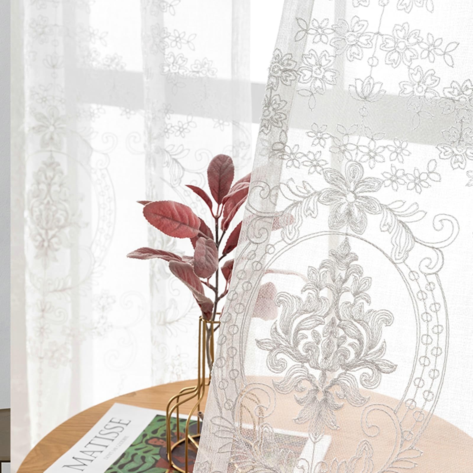 Wohnzimmer Voile Vorhänge Weiß 147 cm Höhe, Polyesterleinen Vorhänge Bestickt mit Ösen 2 Stück Transparent, H147 x B107 cm
