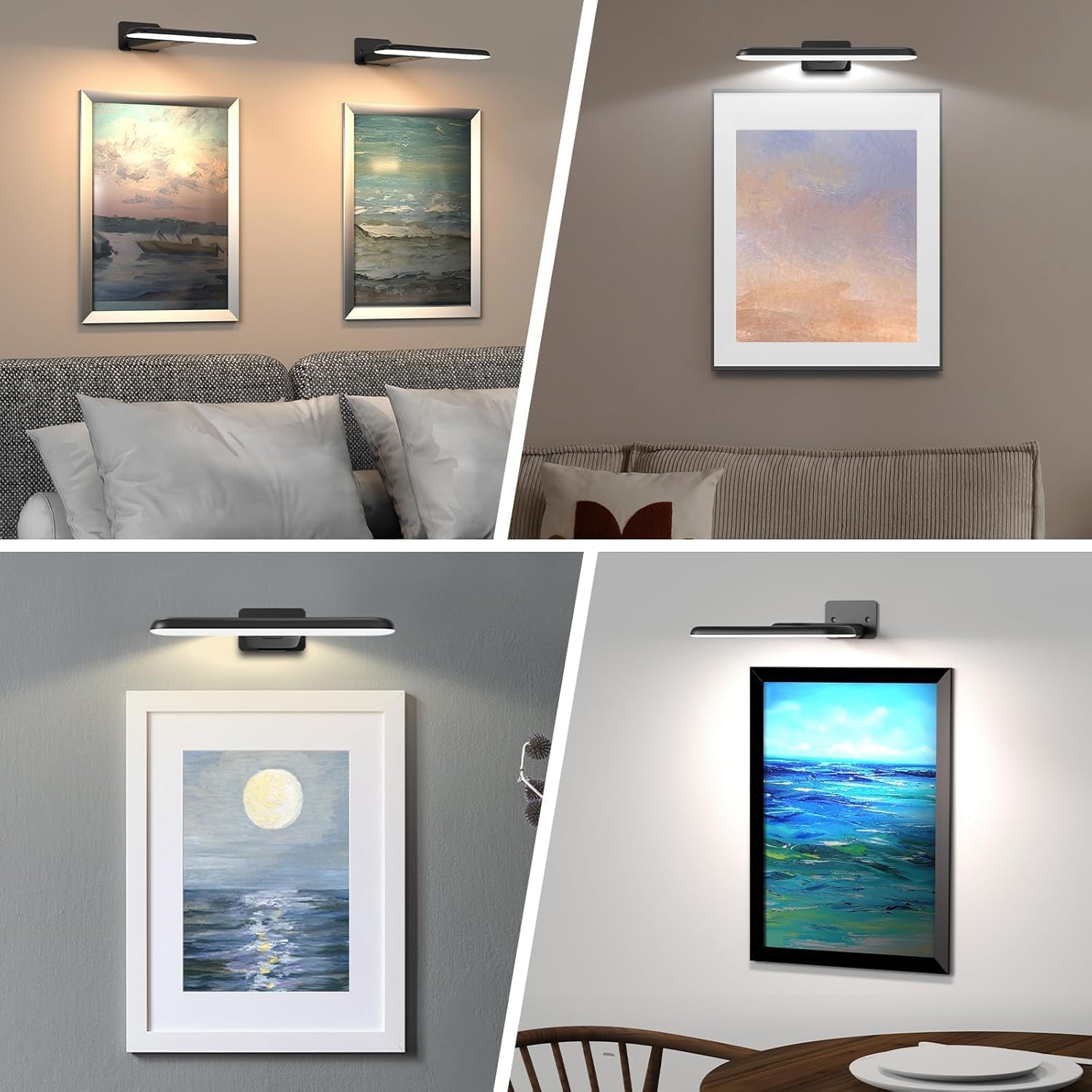 Bildbeleuchtung Kabellos, Akku Wandlampe Innen, LED Wandleuchte Innen mit 3 Farbtemperaturen, Fernbedienung mit Timer, Bilderleuchte für Malen Foto Portrait Dart Bilder​ Wandkunst​, Schwarz 2 Pack
