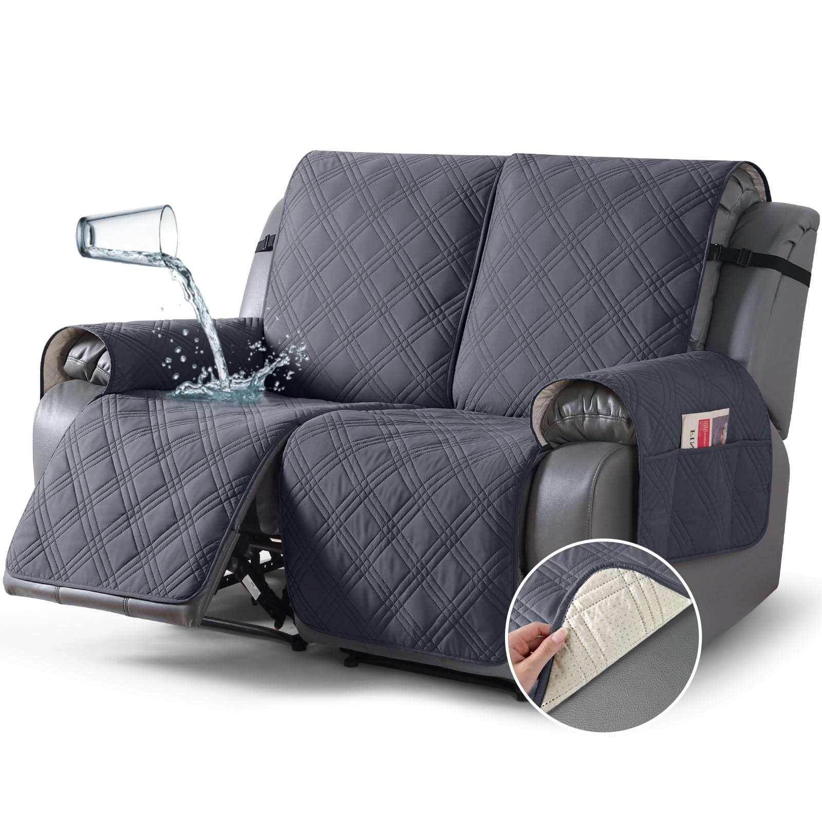 TAOCOCO 100% Waterproof Loveseat Recliner Cover, Non Slip Split Recliner Couch Covers for 2 Cushion Couch with Elastic Straps, Washable Recliner Chair/Furniture Protector for Pets(2 Seater, Dark Grey)