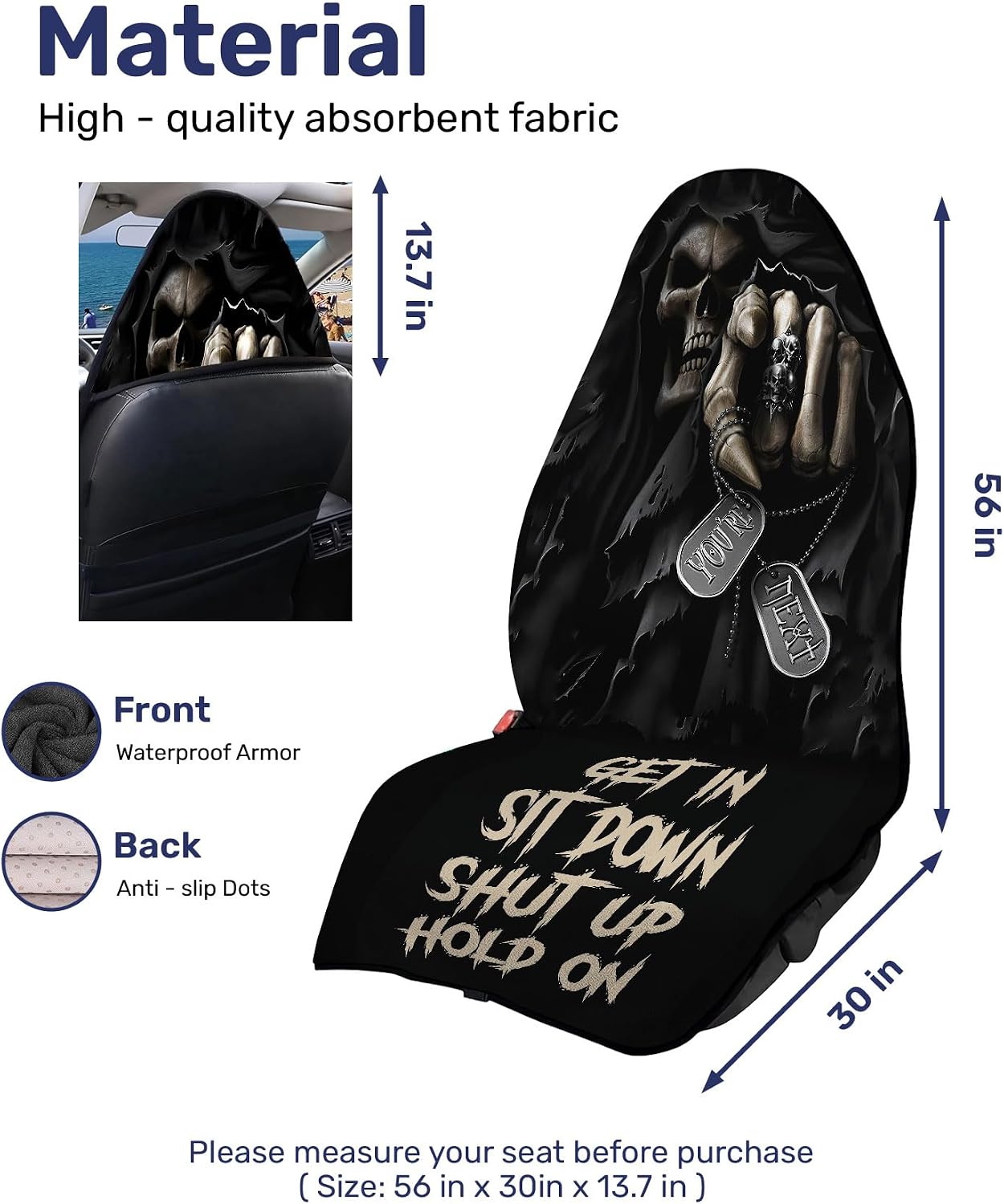 GENANY Skull Skeleton Car Seat Towel – Waterproof Sweat Protector, Non-Slip Absorbent Seat Cover for Gym Workout, Running, Beach & Pets, Universal Fit for Cars SUVs Trucks, Machine Washable