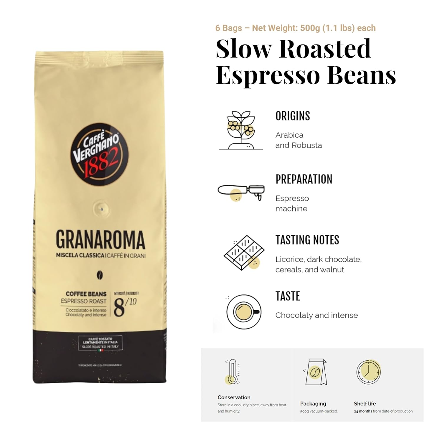 Caffe Vergnano Gran Aroma Whole Bean Coffee 1.1 lb (Pack of 6) - Medium Roast Espresso Beans Whole For Moka Pot, French Press, Coffee Maker, Italian Coffee Beans with Cocoa Spice Dried Fruit Note