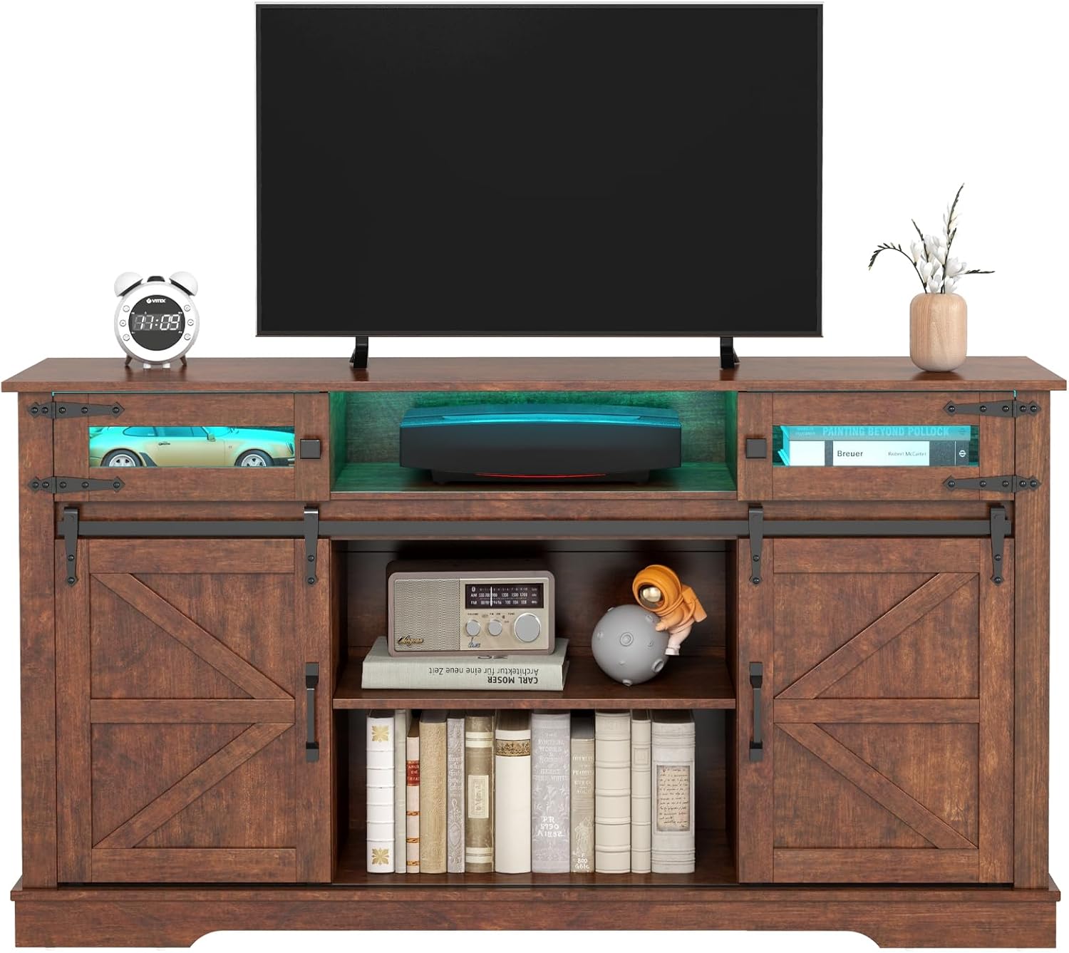 Livofloral Farmhouse TV Stand with LED Lights for 65+ Inch TV, 33" Tall Entertainment Center with Storage Cabinet & Sliding Barn Doors, Media Console Cabinet with Open Storage Shelves for Living Room