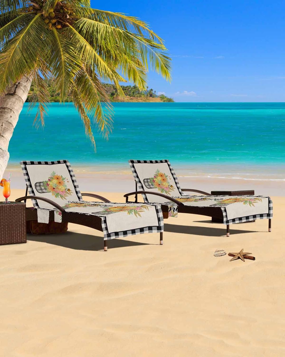 Spring Floral Beach Pool Patio Lounge Chaise Chair Cover Towel With Pockets,Absorbent & Quick Dry Microfiber Towel Cover Bag Summer Accessories for Sunbathing Country Rustic Summer Buffalo Plaid Black