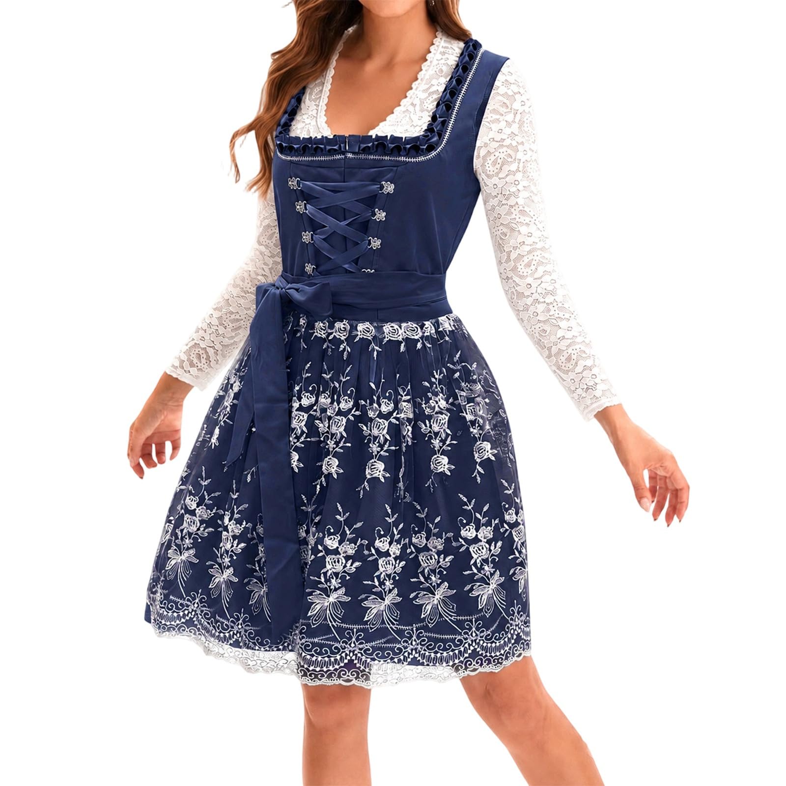 Dirndl Damen Midi Set 3 Teilig Oktoberfest Outfit Dirndlkleid inkl. Trachtenkleid Dirndlbluse Dirndlschürze Elegant Schlicht Spitze Trachten Kleid für Karneval Volksfeste