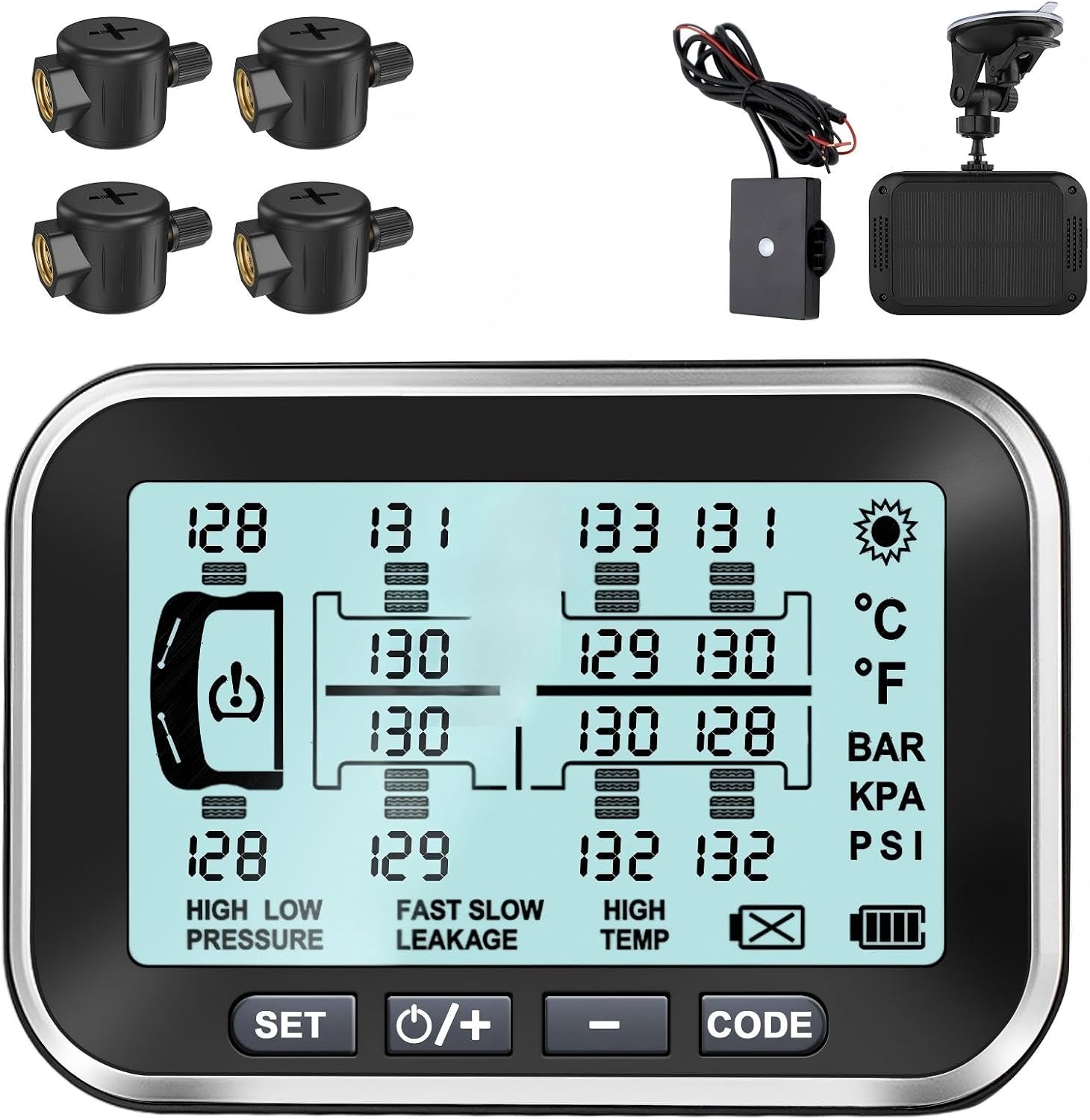 RV Solar TPMS Tire Pressure Monitoring System with 4 Flow Through Sensors, 4.5" Display, Signal Booster, 6 Alerts, 0-188 PSI, Supports 4-14 Tires for Trailer, Semi Truck, Camper 5th Wheel
