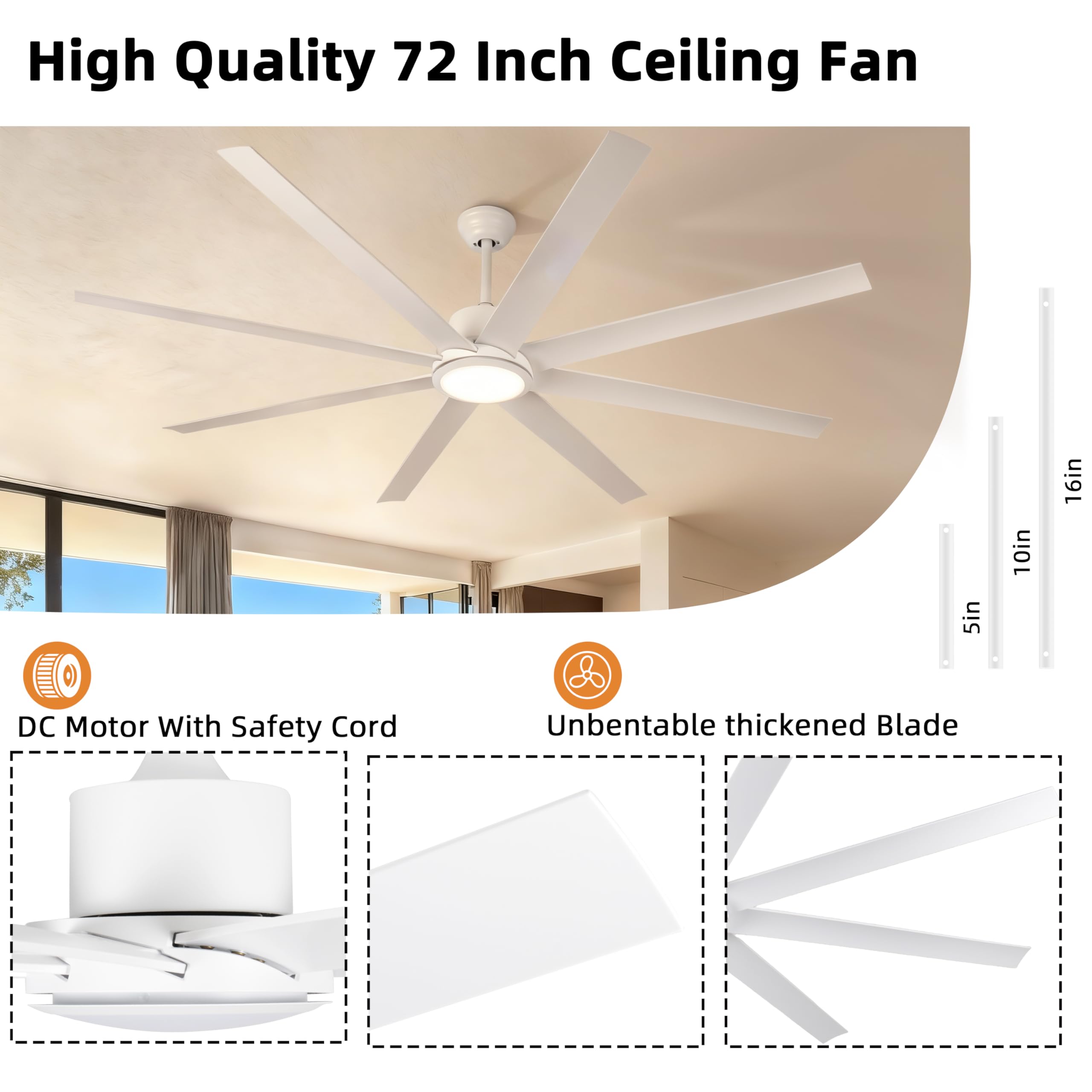 72 Inch Large Ceiling Fans with Lights and Remote Control 6 Wind Speeds LED Dimmable DC Reversible Modern — view 7