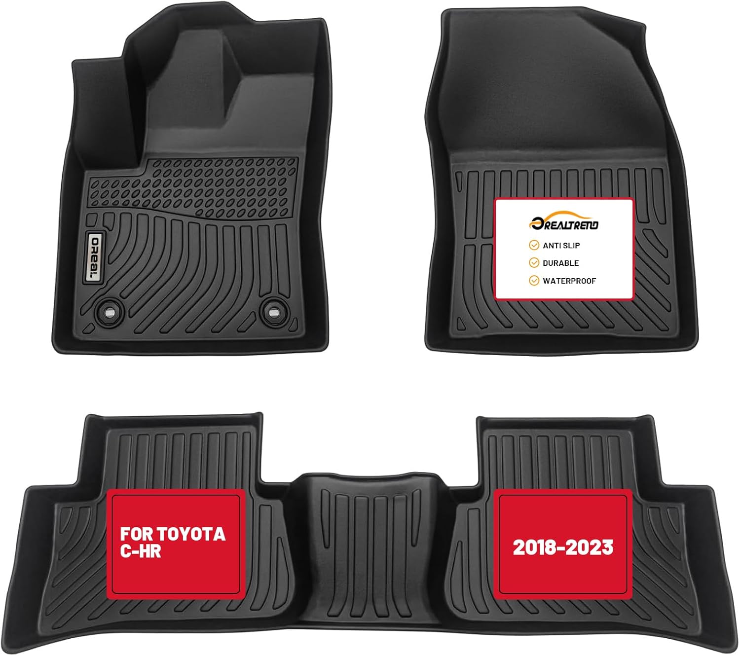 orealtrend Car Floor Mats Liners Replacement for Toyota C-HR CHR 2018-2023 Heavy Duty All Weather Guard Front & Rear Carpet-Custom Fit-Tough/Durable/Odorless Black Full Set Auto Interior Accessories