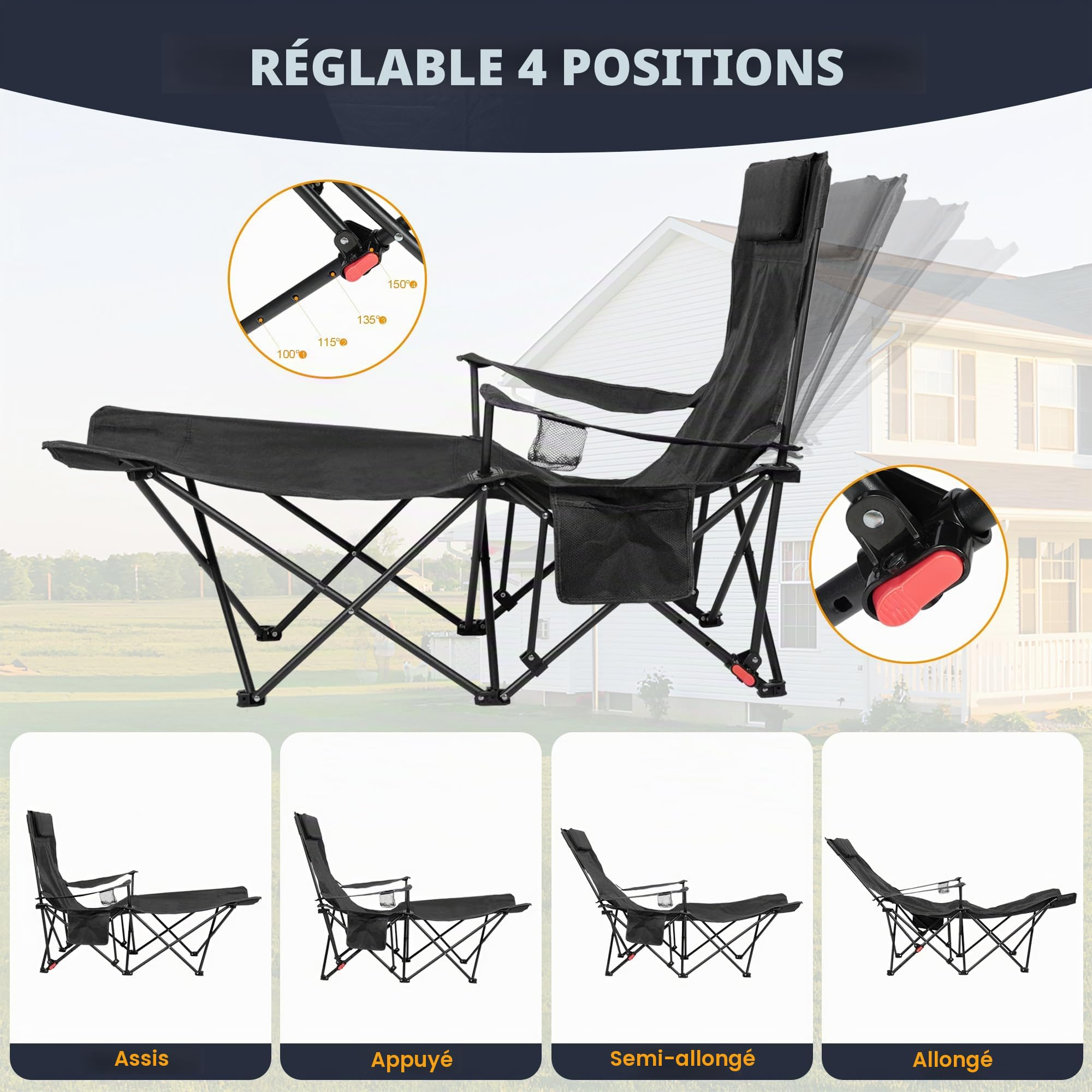Chaise de camping, pliable avec repose-pieds et support dorsal réglable sur 4 positions, chaise de camping avec porte-gobelet et sac de transport, chaise pliante pour camping, pêche et plage