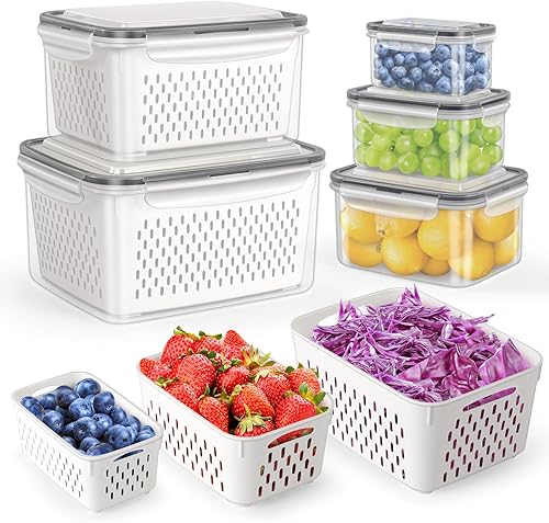 HOTEC Paquete de 5 recipientes grandes de almacenamiento de frutas para refrigerador a prueba de fugas con colador extraíble, sin BPA, apto para