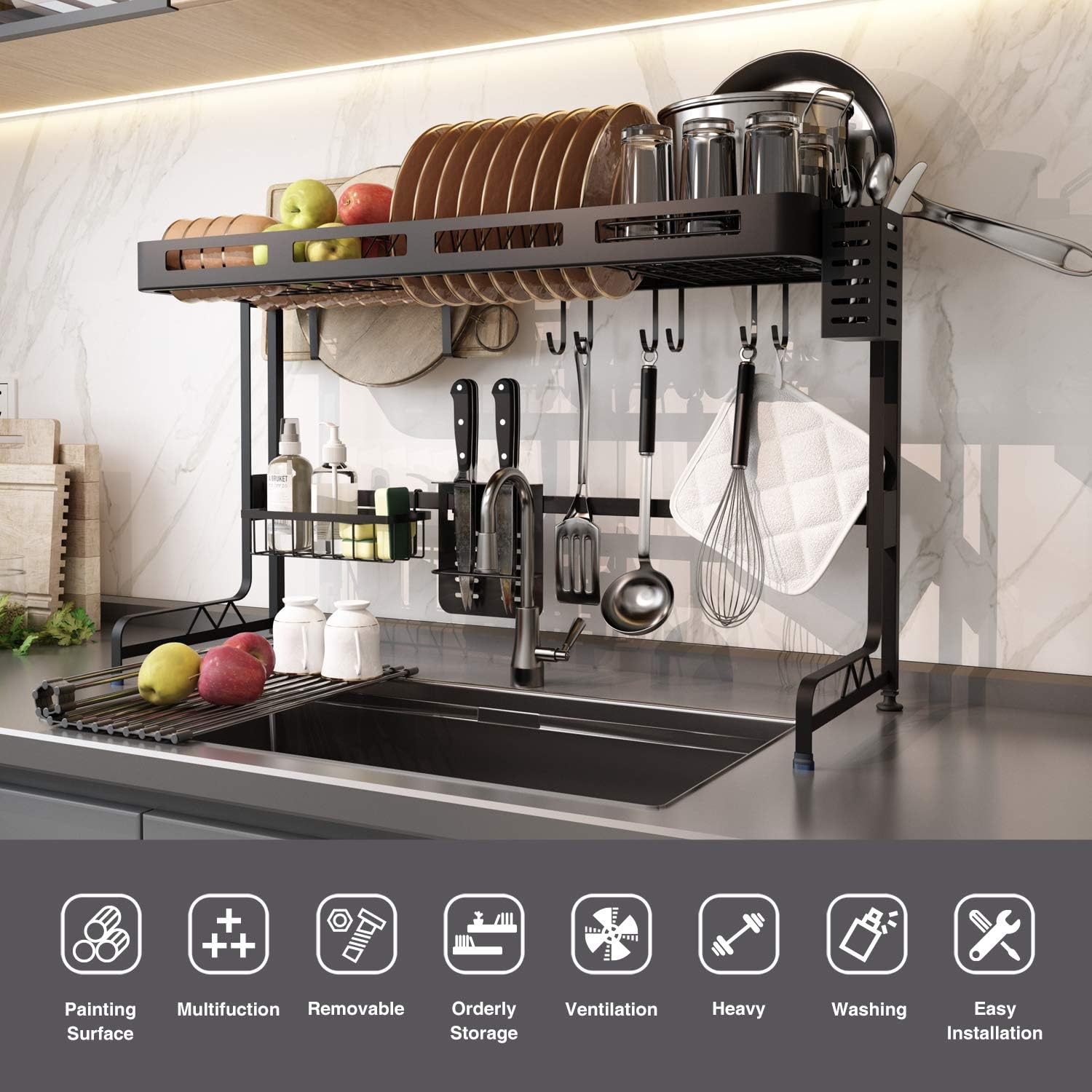 JASIWAY Over The Sink Dish Drying Rack with Roll up Dish Rack, Kitchen Large Dish Rack with Utensil Holder Set Hooks for Kitchen Counter Organizer Storage Supplies Shelf Black