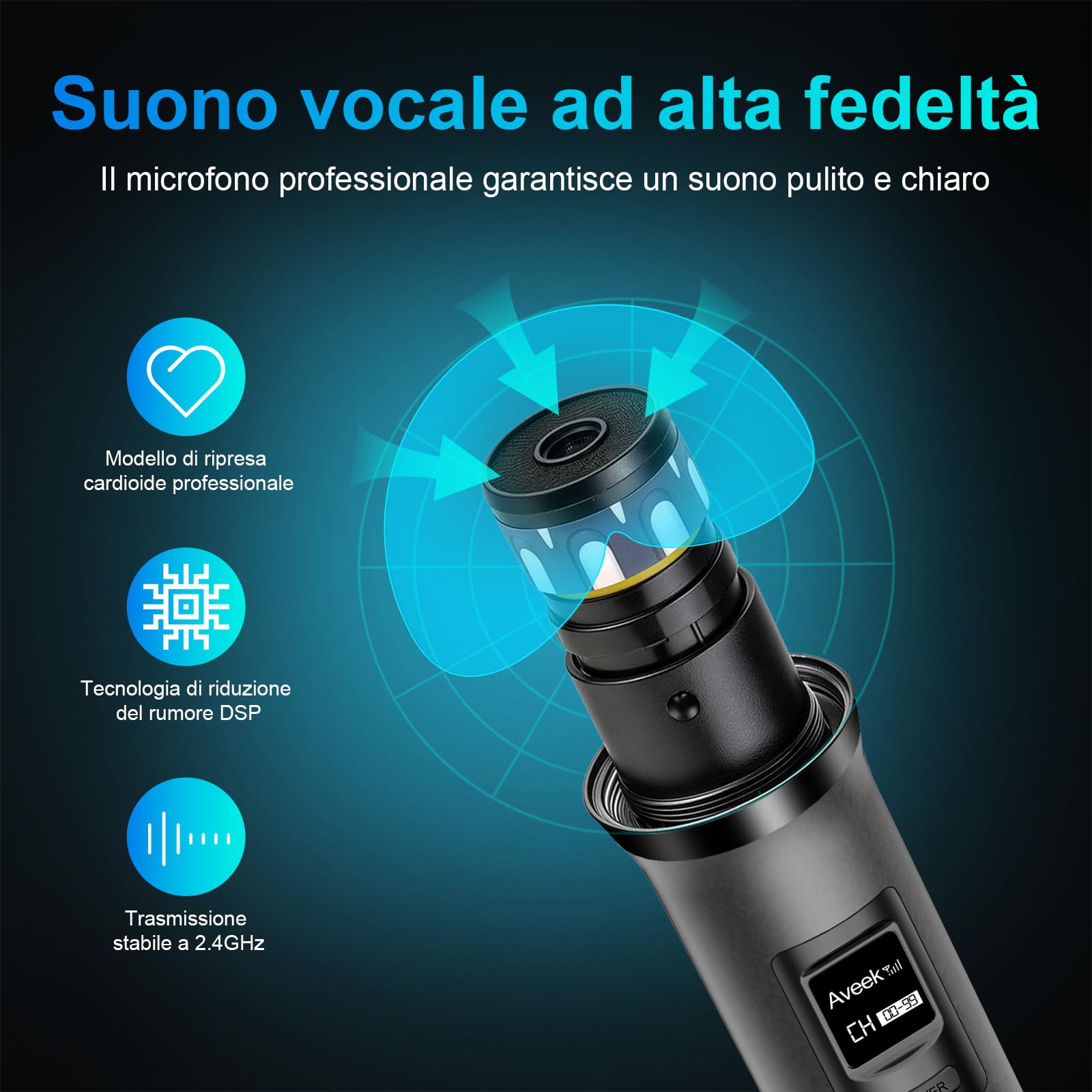 Aveek Microfono Wireless, Microfono Wireless per Karaoke Set, Microfono Karaoke Ricaricabile, Interfaccia 6.35mm/3.5mm, Adatto per Altoparlanti, Canto, Matrimoni, Dj, Feste