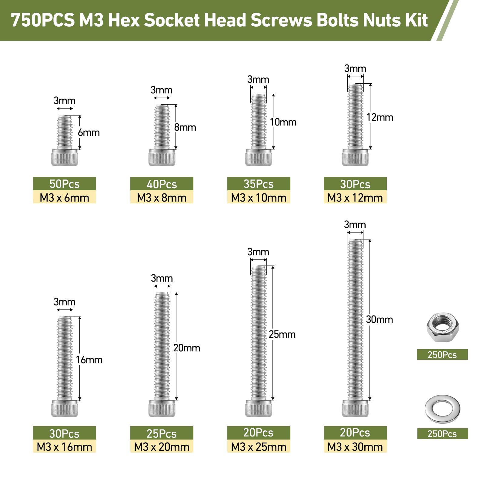 750PCS M3 Screws Assortment Kit, 304 Stainless Steel 18-8 Hex Socket Head Cap Screws Bolts Nuts and Washers Set, M3 x 6/8/10/12/16/20/25/30mm, for 3D Printer - 3