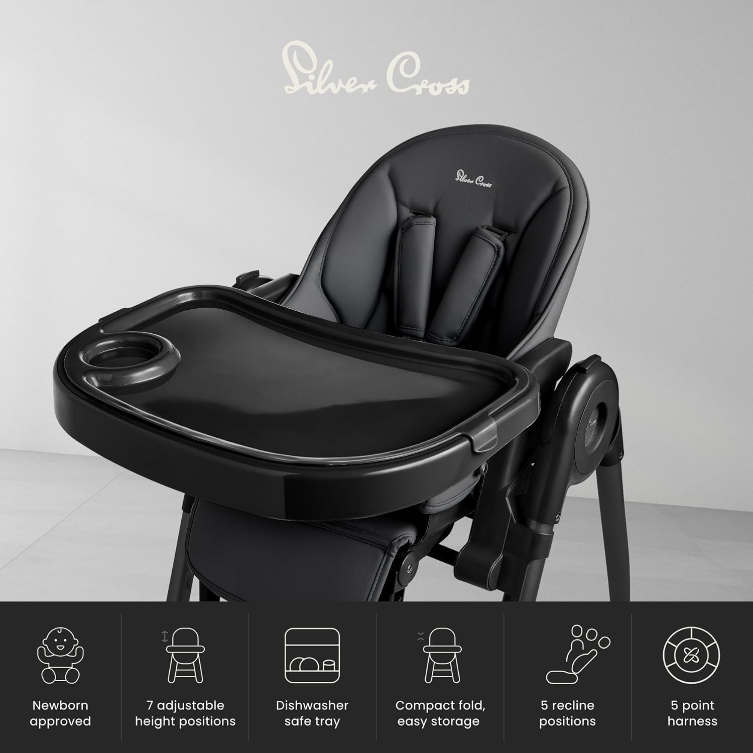 Silver Cross Gourmet High Chair shown in both its open and compactly folded states, illustrating its space-saving design.