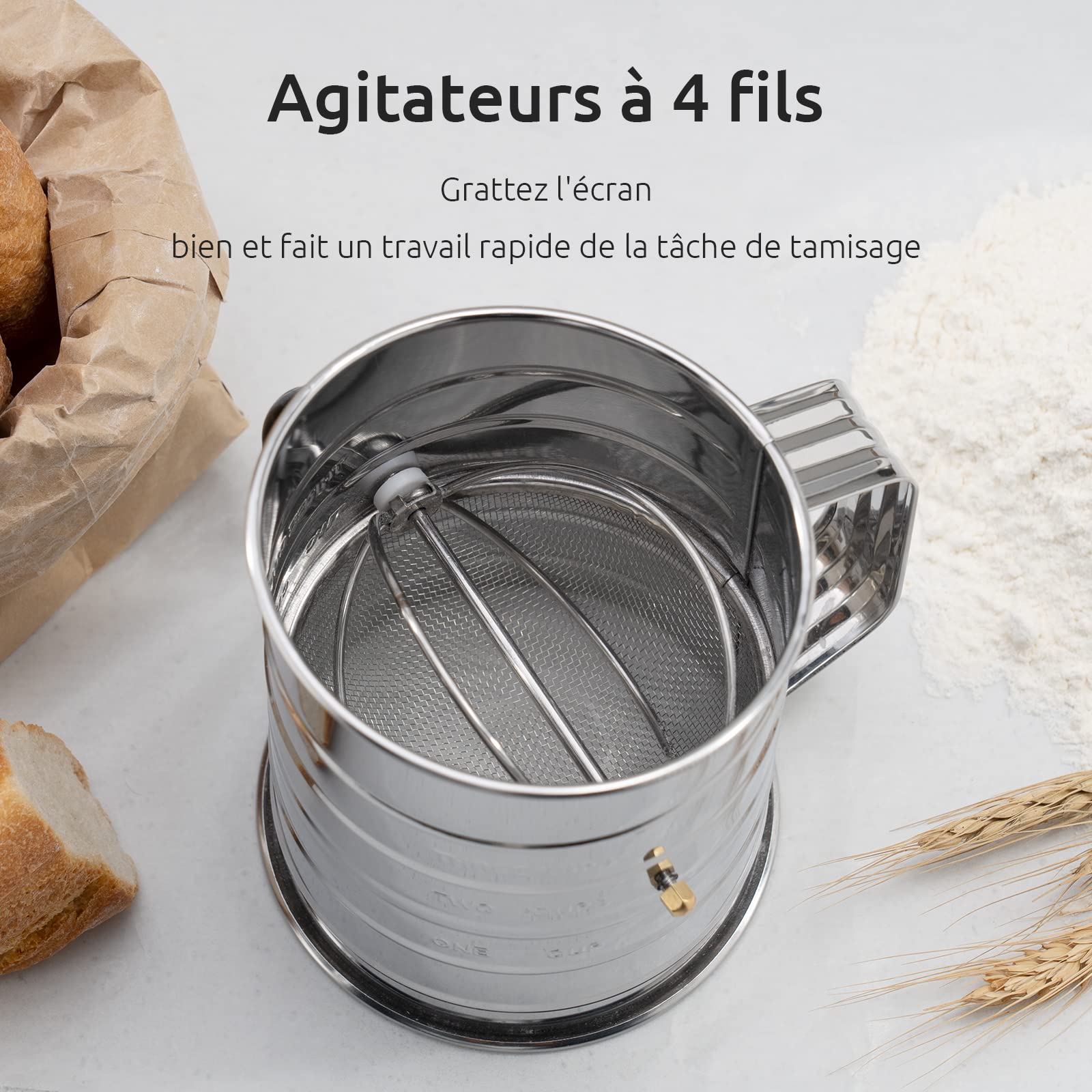 Tamis à Farine En Inox TRIXES - Action à Gâchette Une Main - Capacité 710ml - Pour Sucre Glace, Cacao, Épices