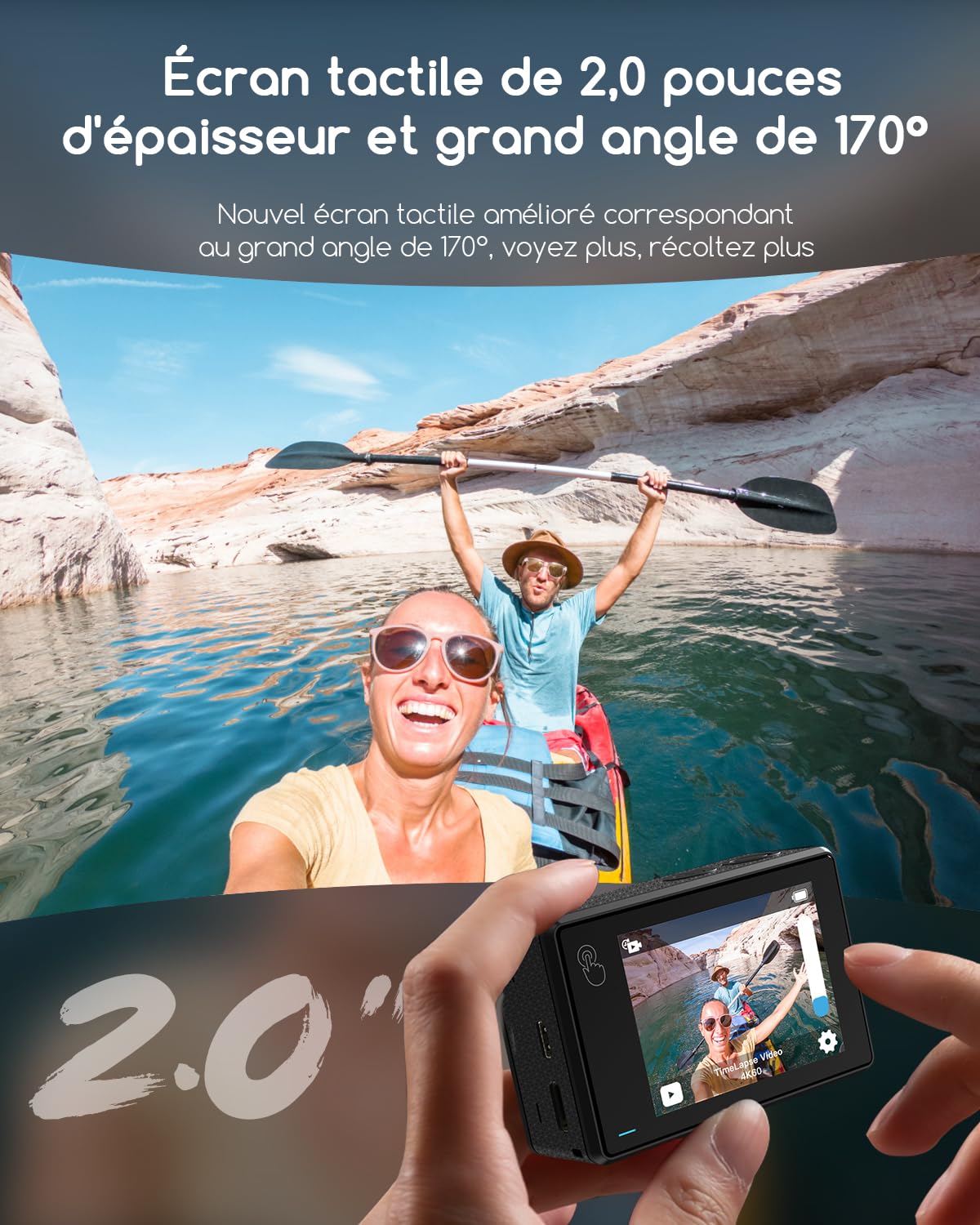 COOAU Caméra de Sport WiFi 4K 60fps 64MP Écran Tactile avec Microphone Externe Caméra sous-Marine 40M Type-C Stabilisation EIS 170° 2x1350mAh