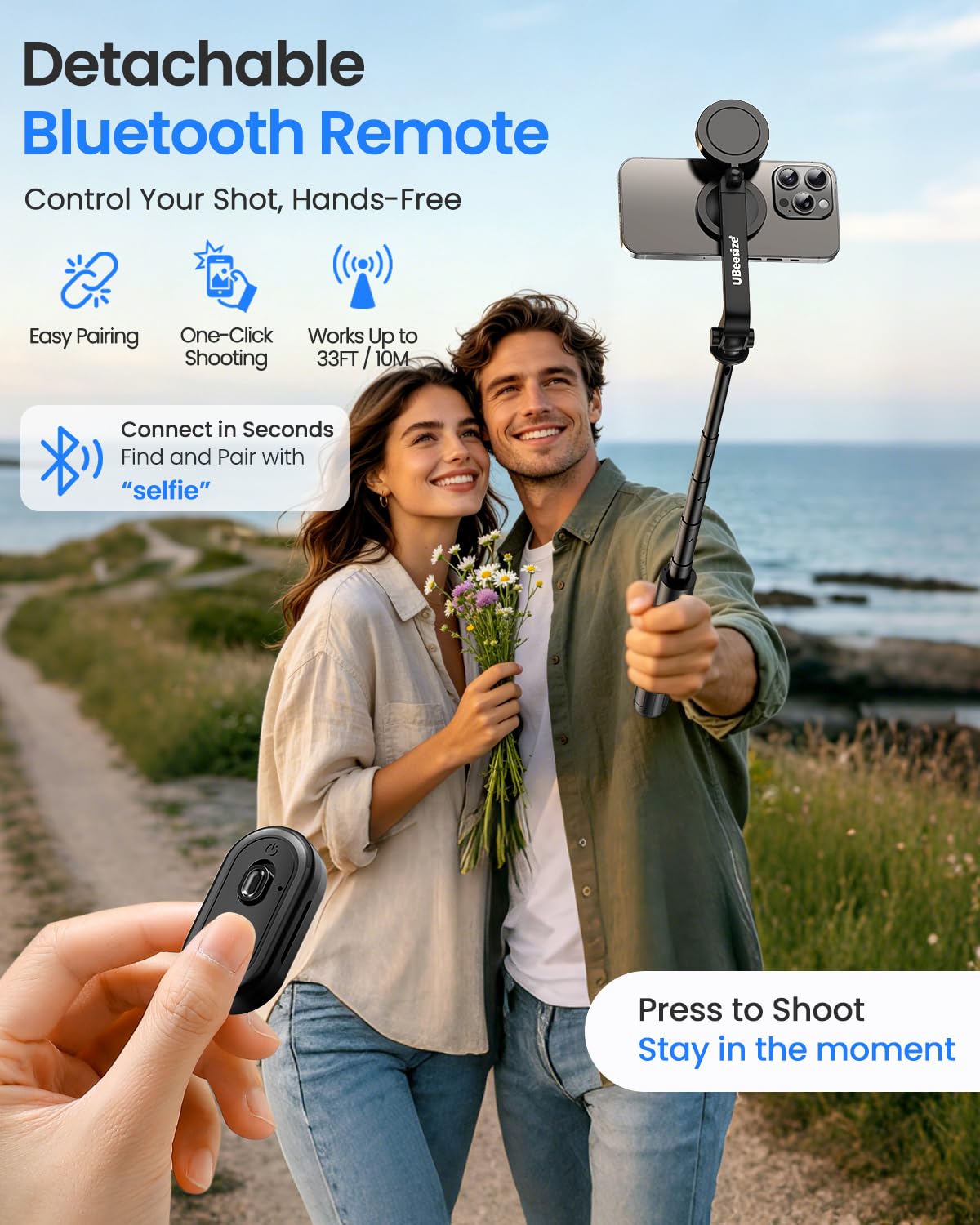 UBeesize Perche à Selfie magnétique avec lumière à intensité Variable et télécommande Rechargeable, trépied Portable de Voyage pour téléphone Portable MagSafe et téléphones Android, idéal pour