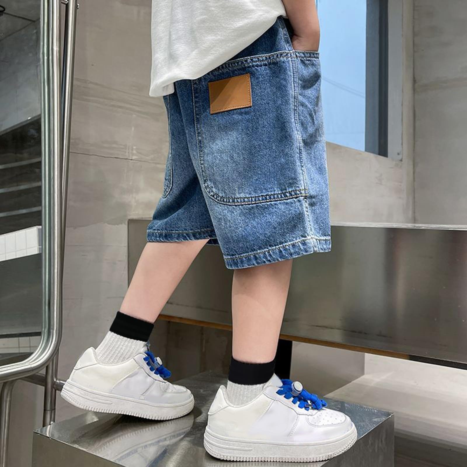 Short baggy en jean pour garçons - Décontracté - Taille élastique - Cargo - Jambe large - Short d'été droit - Longueur genou - Pantalon streetwear pour adolescents