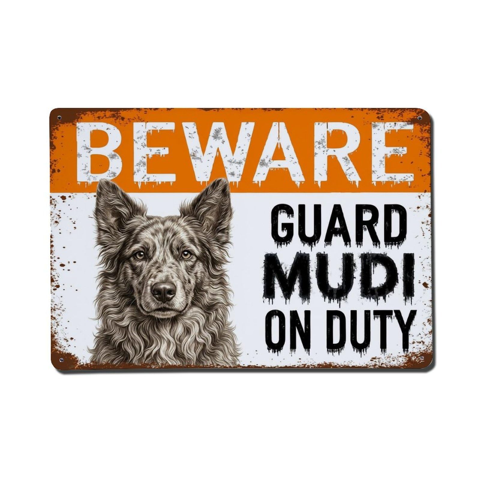 Vintage Funny Mudi Guard Beware of Dog Walkway Metal Tin Sign