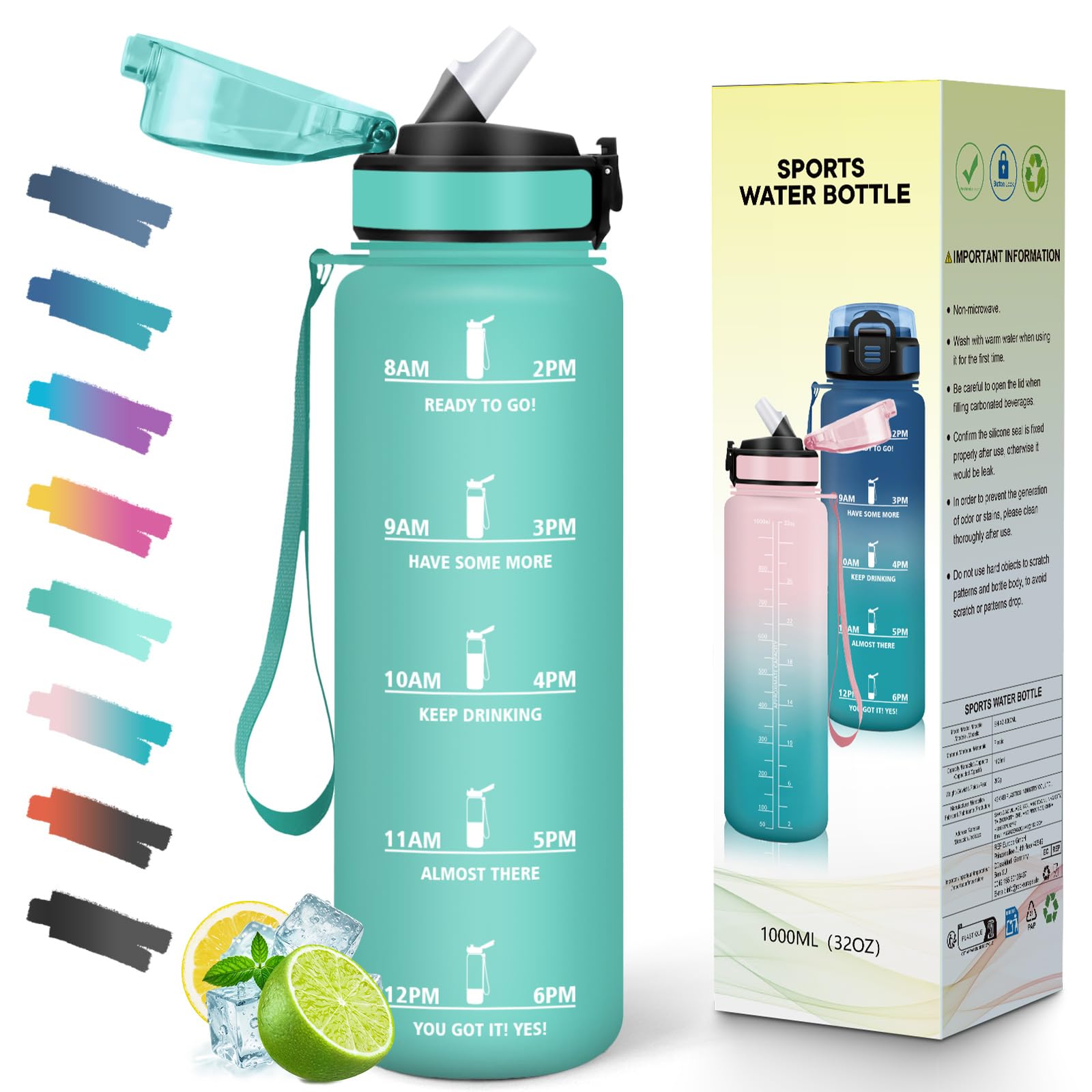 Mulbijeo Botellas de Agua, 1 Litro BPA Free, Botella Gimnasio, con Escala de Tiempo Motivacional, Cantimplora, Reutilizable, Garrafa de Agua, Ideal para Escuela, Oficina, Deporte, Botella con Pajita