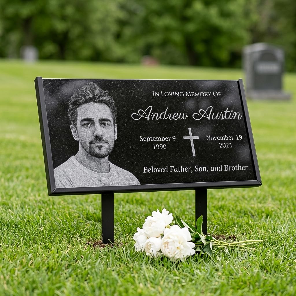 20x10 Granite Headstones for Graves, Grave Markers for Cemetery for Humans, Personalized Memorial Plaques for Outdoors, Bereavement Garden Stones, Burial Commemorative Plaque w/ Ceramic Picture Cameo