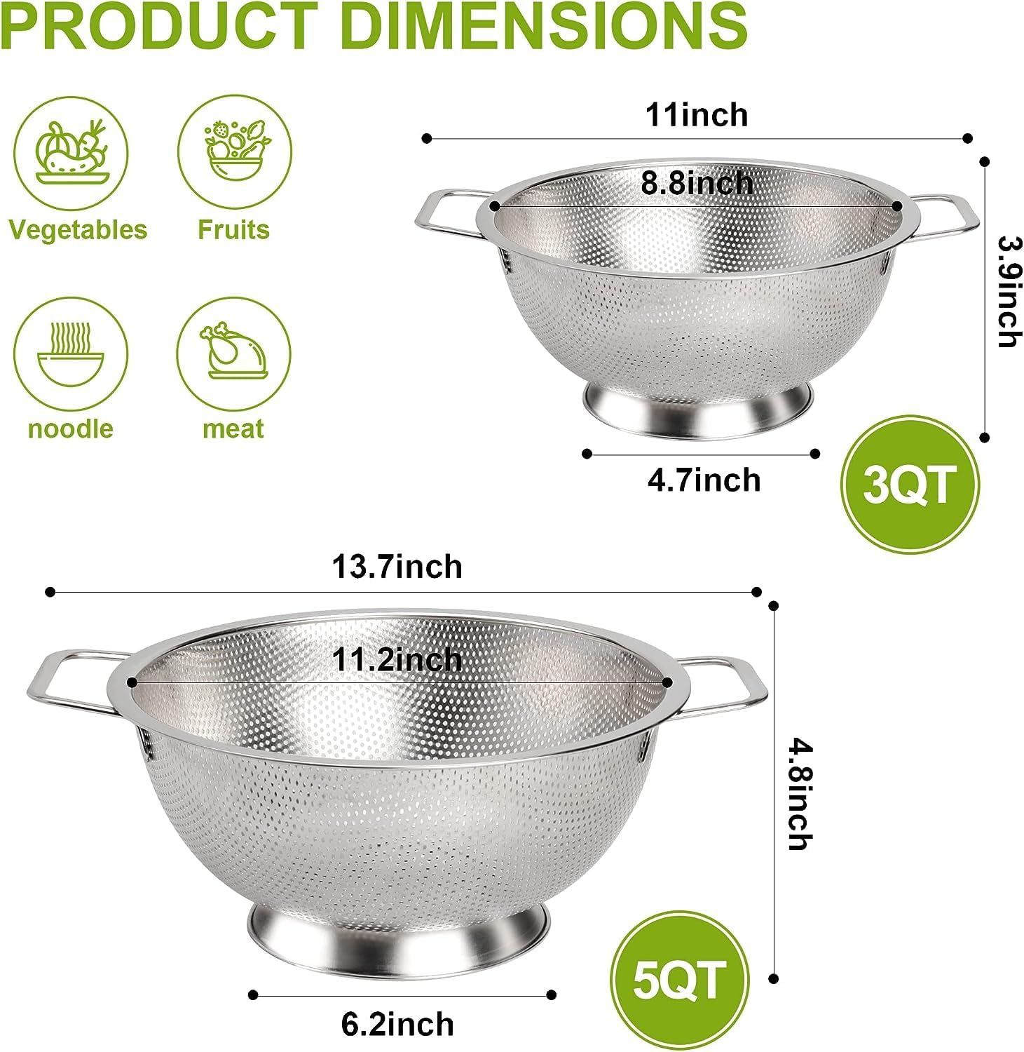 Gulex Stainless Steel Colander and Strainer Set(5-Quart and 3-Quart)， Strainer for Kitchen Food, Dishwasher Safe