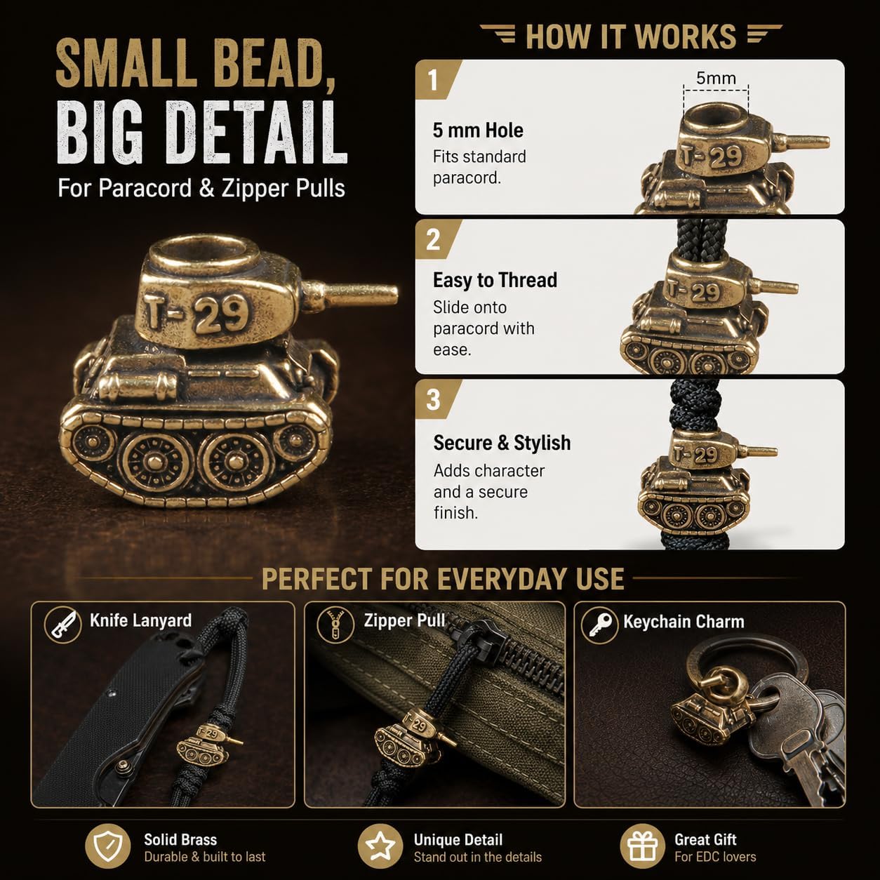 Brass Miniature Tank Model Bead, EDC Paracord Lanyard Bead and Copper Bracelet Charms for Jewelry Making and Outdoor Tools