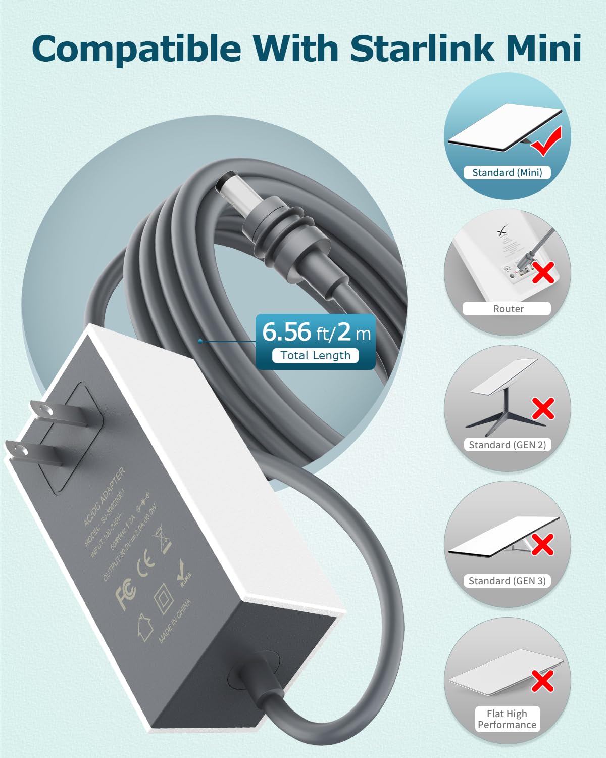 Starlink Mini adattatore di alimentazione 30V 2A 110V-240V AC a DC Chager adattatore per Starlink MINI 12V cavo di alimentazione spina da parete 60W caricabatterie rapido impermeabile, compatibile con