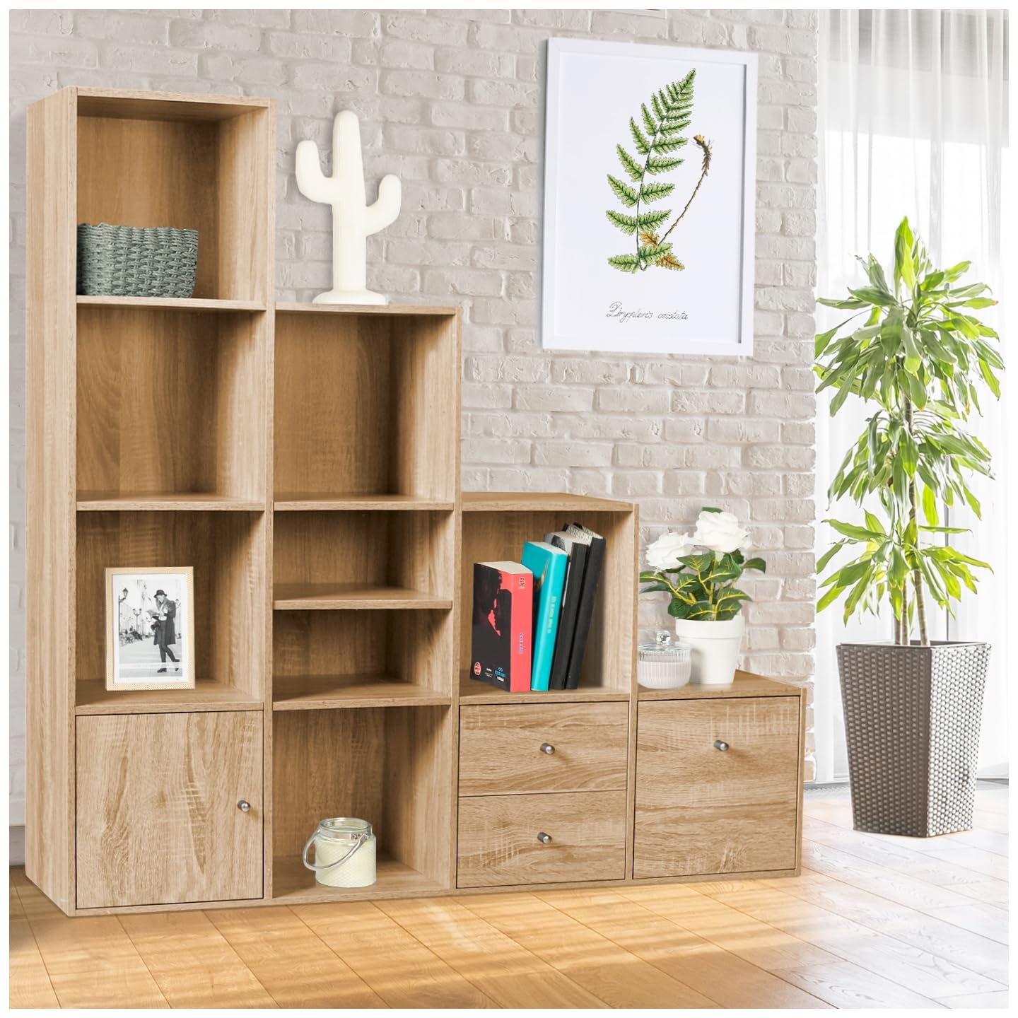 IDMarket - Treppenförmiges Aufbewahrungsmöbel Liam 4 Ebenen Holz in Buchenoptik mit Tür und Schubladen