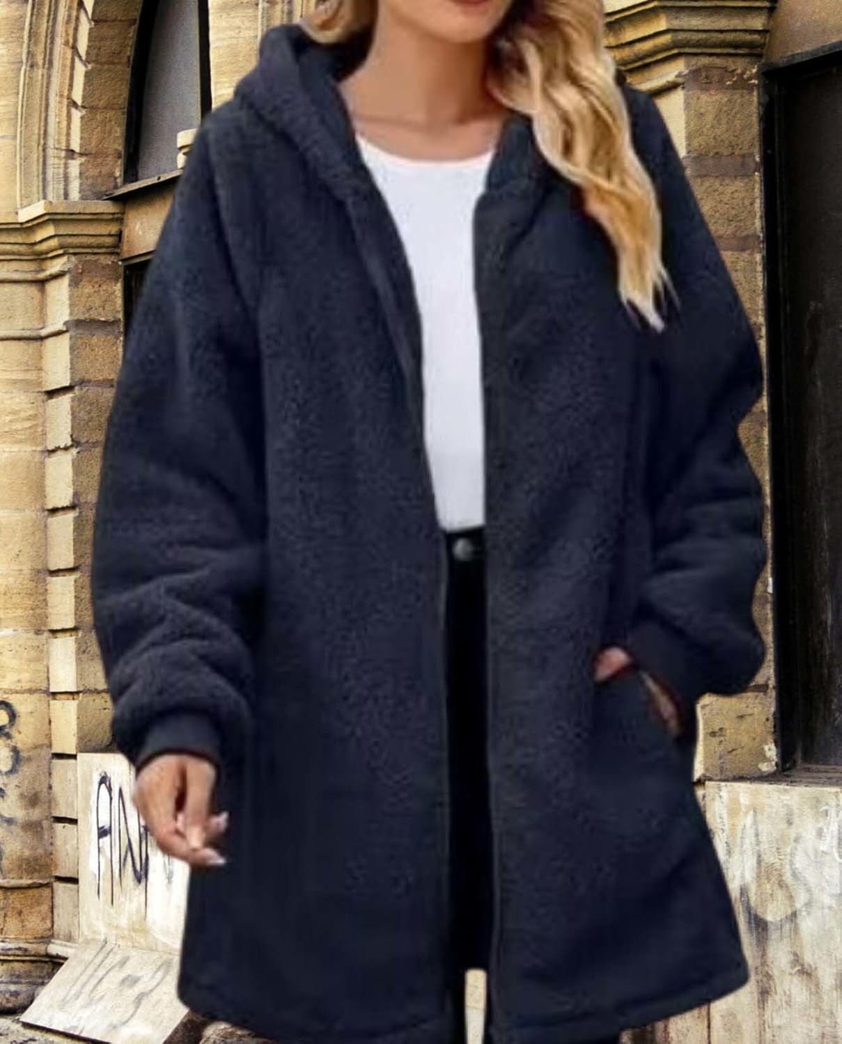 LIZALIG Women's Oversized Fleece Jacket Hooded Zip-Up Cardigan Coat with Pockets Warm Winter Casual Wear for Vacation - Image 2