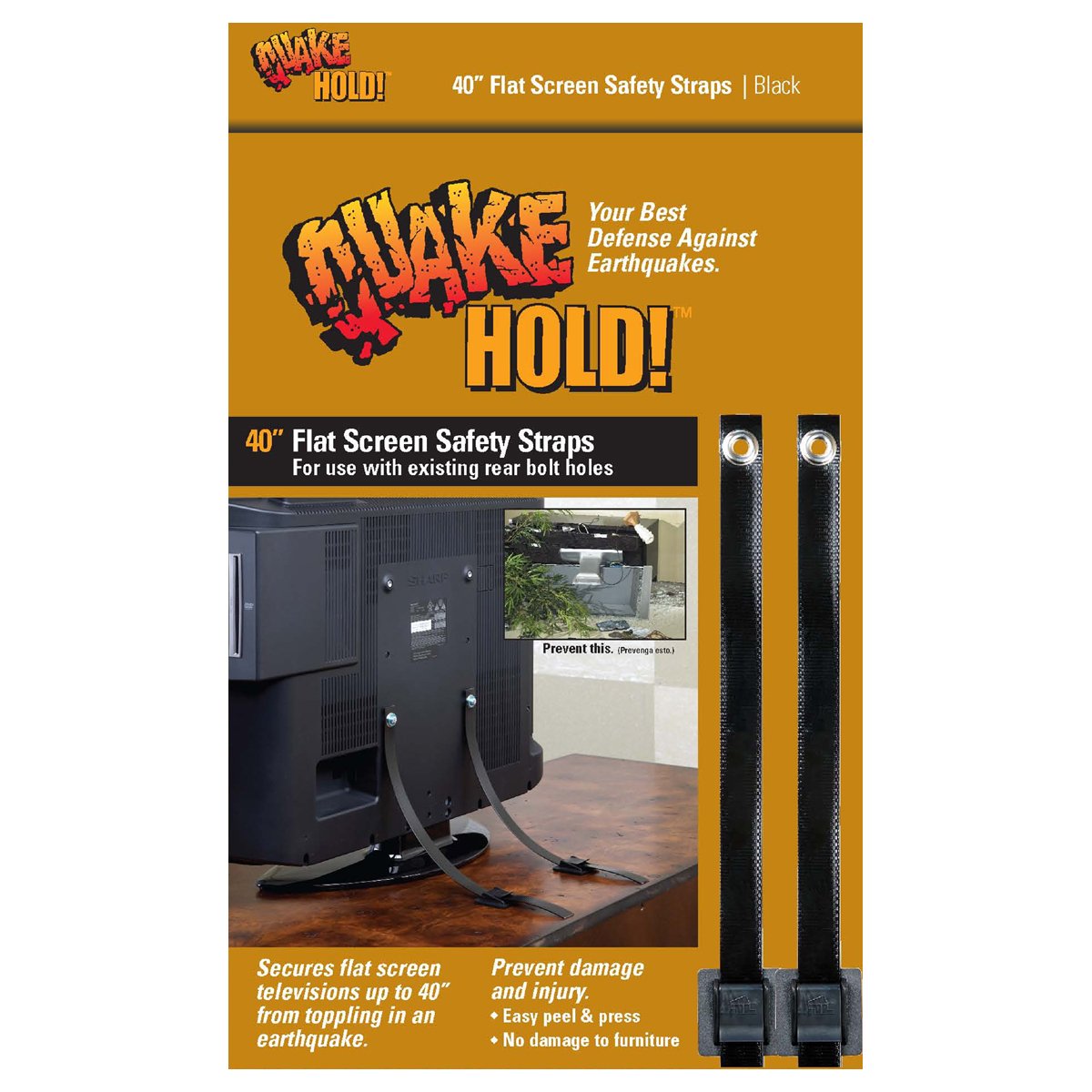 QuakeHOLD! 40" Universal Flat Screen TV Safety Straps, Nylon Anti-Tip Adhesive Straps, Earthquake, Fire, Flood Protection, For TVs and Furniture,