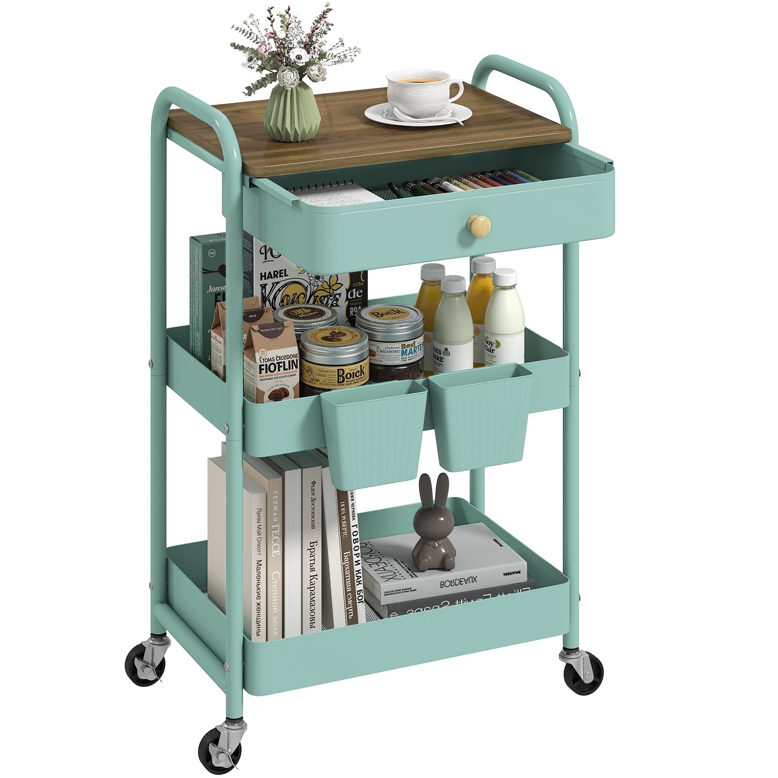 danpinera Carrello a 3 livelli, in metallo, con tavolo e cassetto in legno, carrello portaoggetti con tazze appese per cucina, bagno, ufficio