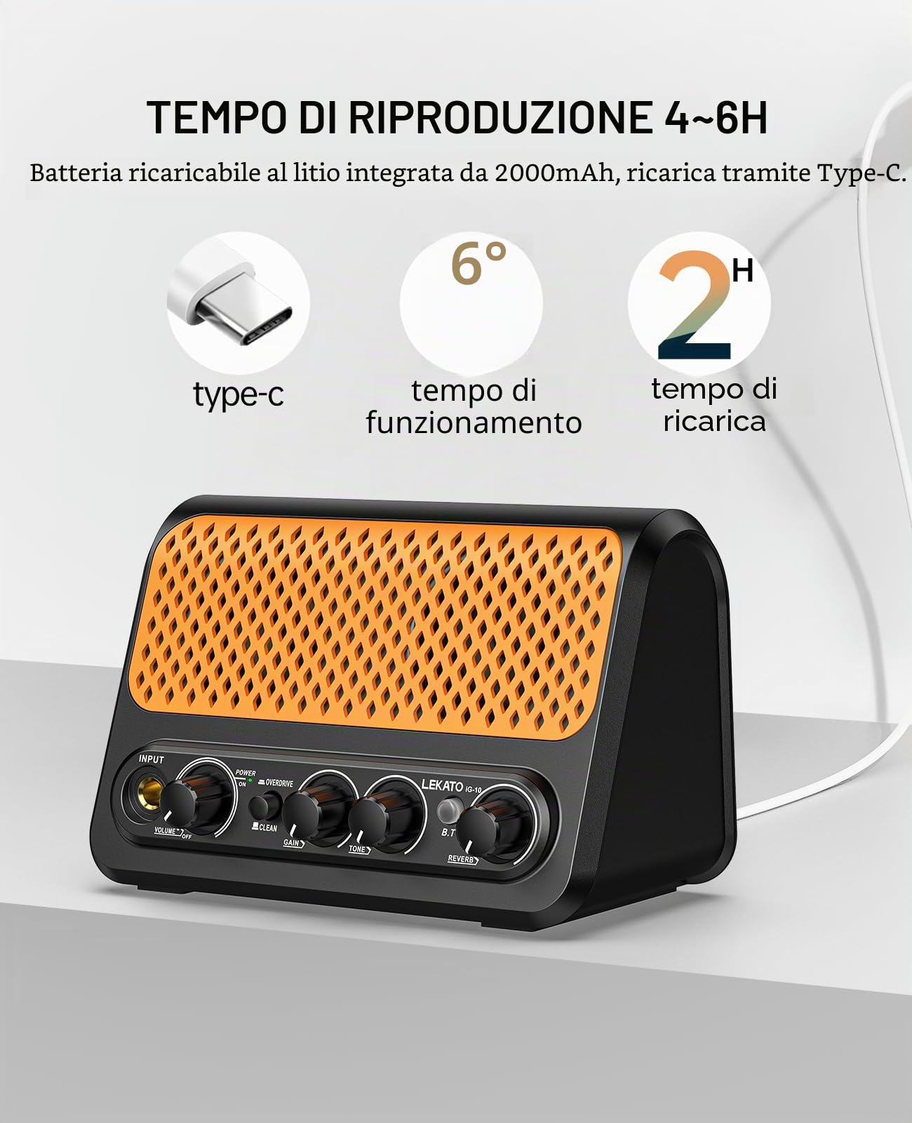Mini Amplificatore per Chitarra,LEKATO 10W Amplificatore per Chitarra Elettrica Portatile con Canale Clean & Overdrive, Riverbero, e Connettività Bluetooth