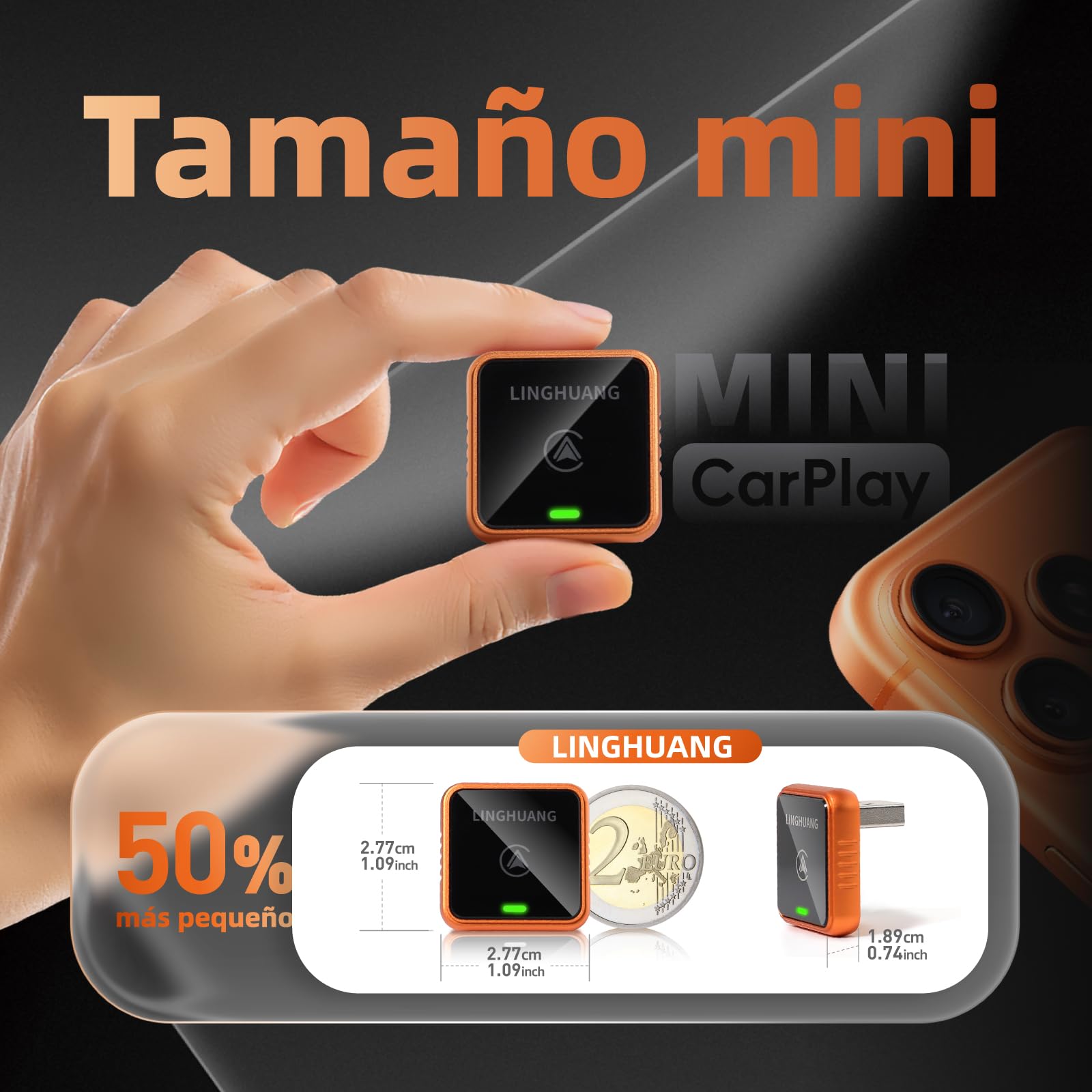 LINGHUANG Adaptador Carplay Inalambrico & Adaptador Android Auto Inalambrico, Convierte de Cableado a Inalámbrico, Plug & Play, Conexión Rápida y Estable, Compatible con iOS 10+ & Android 11+(Naranja)