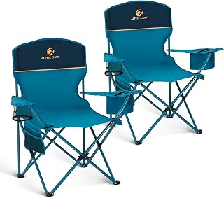 LET'S CAMP 2-Pack Folding Camping Chairs with 3-Can Cooler Bag, Cup Holder & Pockets - 225 lbs Capacity, Portable for Beach, Picnic, Camp (Blue)