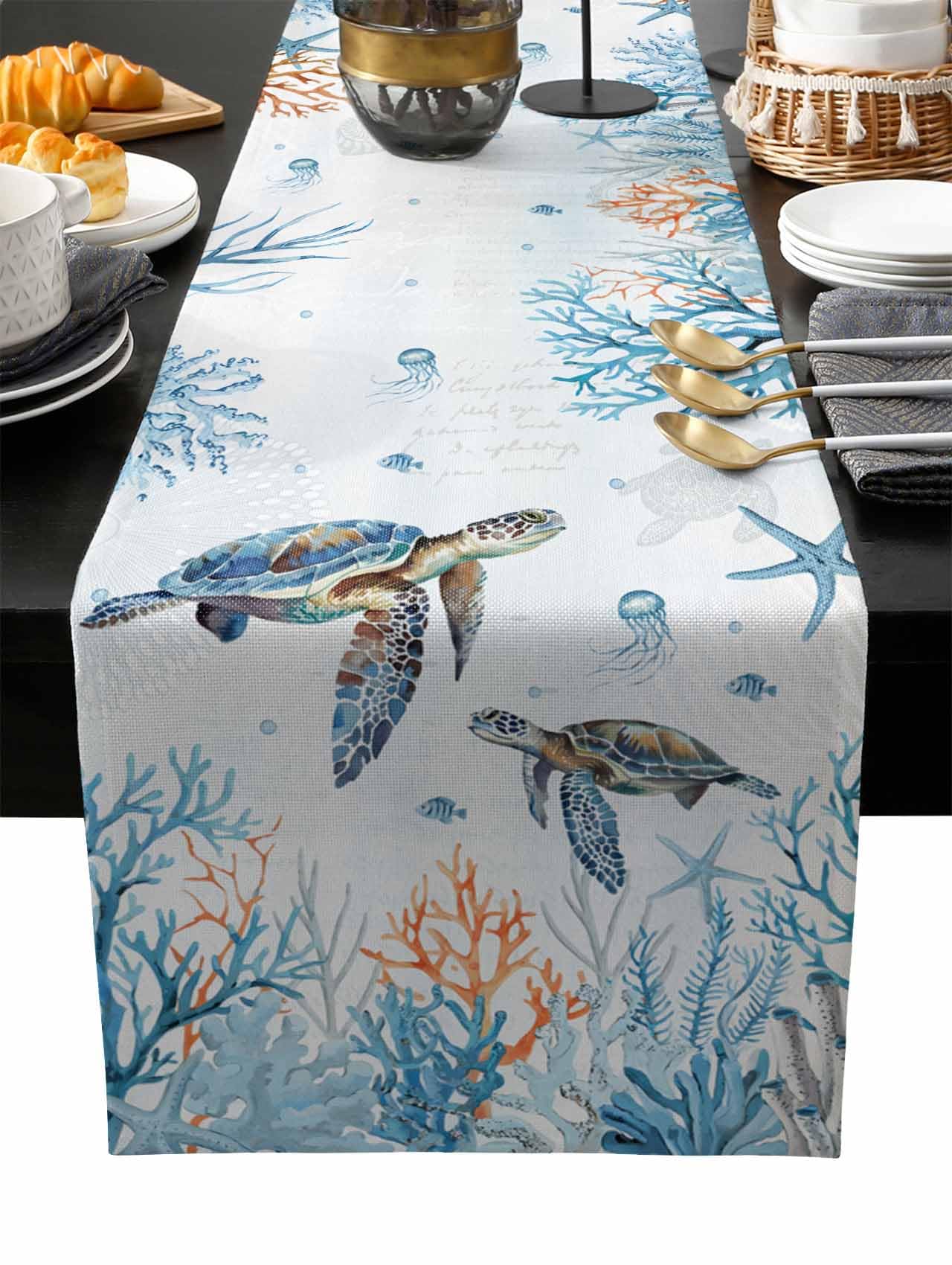 Chemin de table tortue de mer en coton et lin de haute qualité